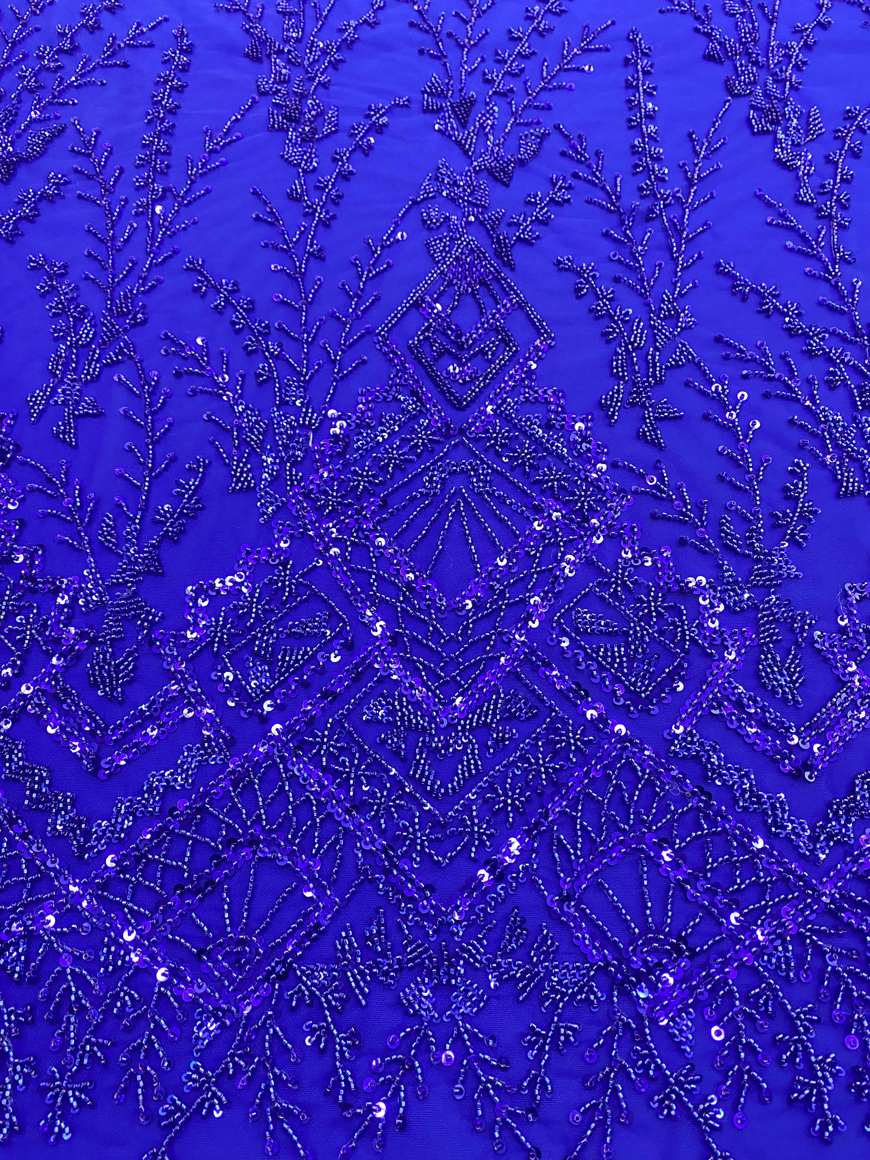 Dantela Couture Albastru Royal cu Model Geometric, cu Margele si Paiete