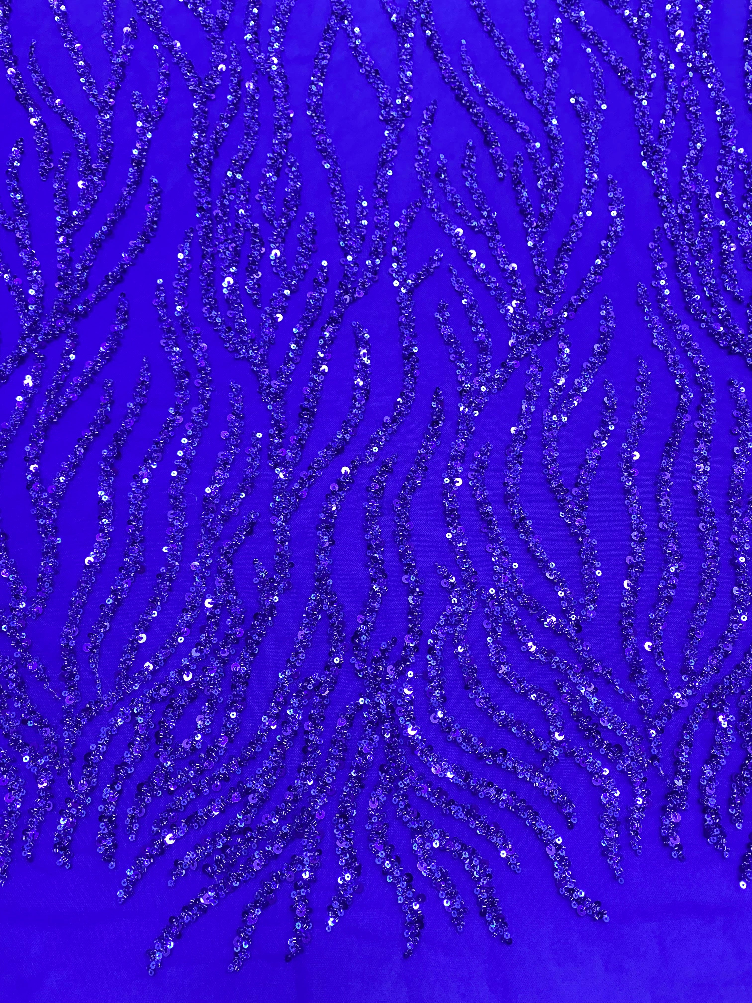 Cupon 1.75 m din Dantela Couture Albastru Royal cu Siraguri, cu Margele si Paiete
