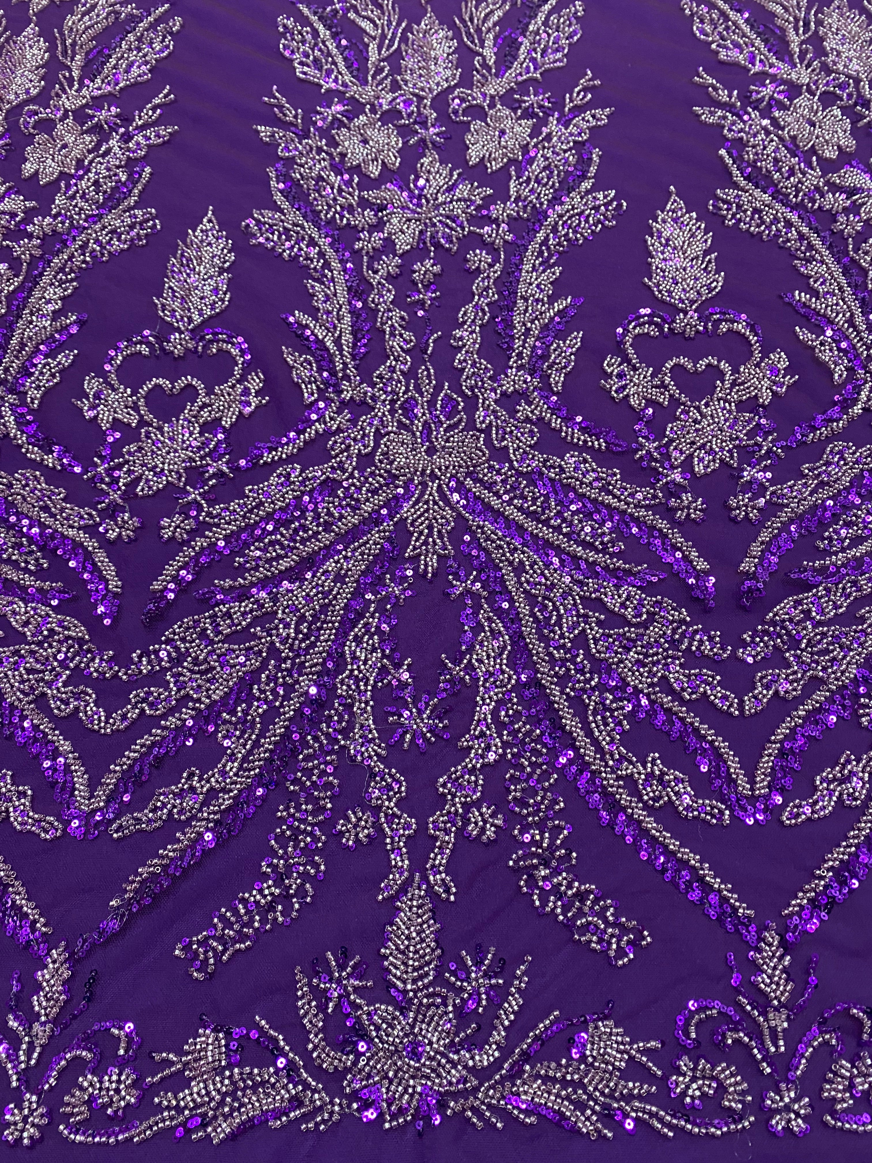 Dantela Couture Mov Inchis cu Model Floral, cu Margele si Paiete