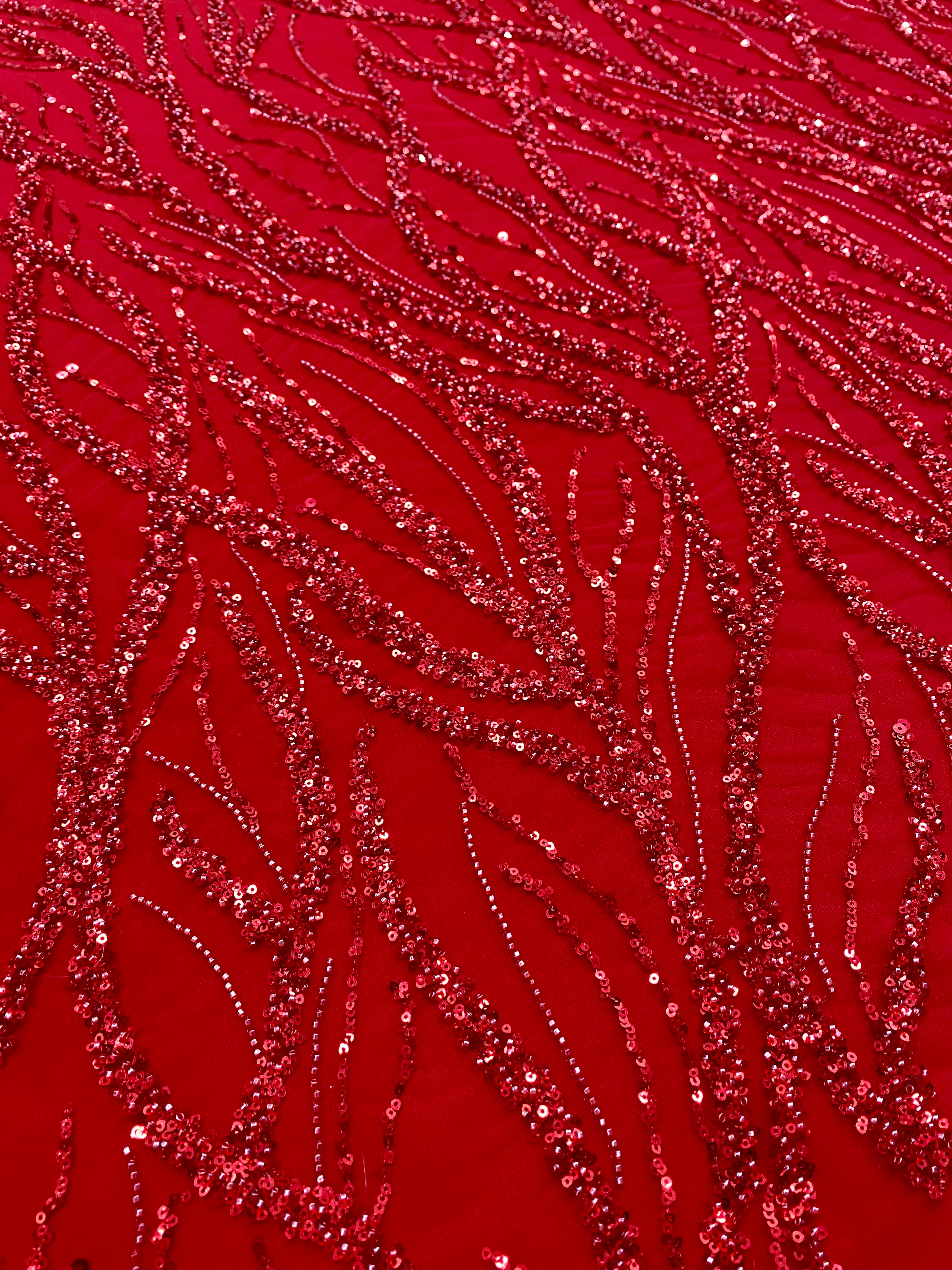 Red Couture Lace with Strings, Beads and Sequins