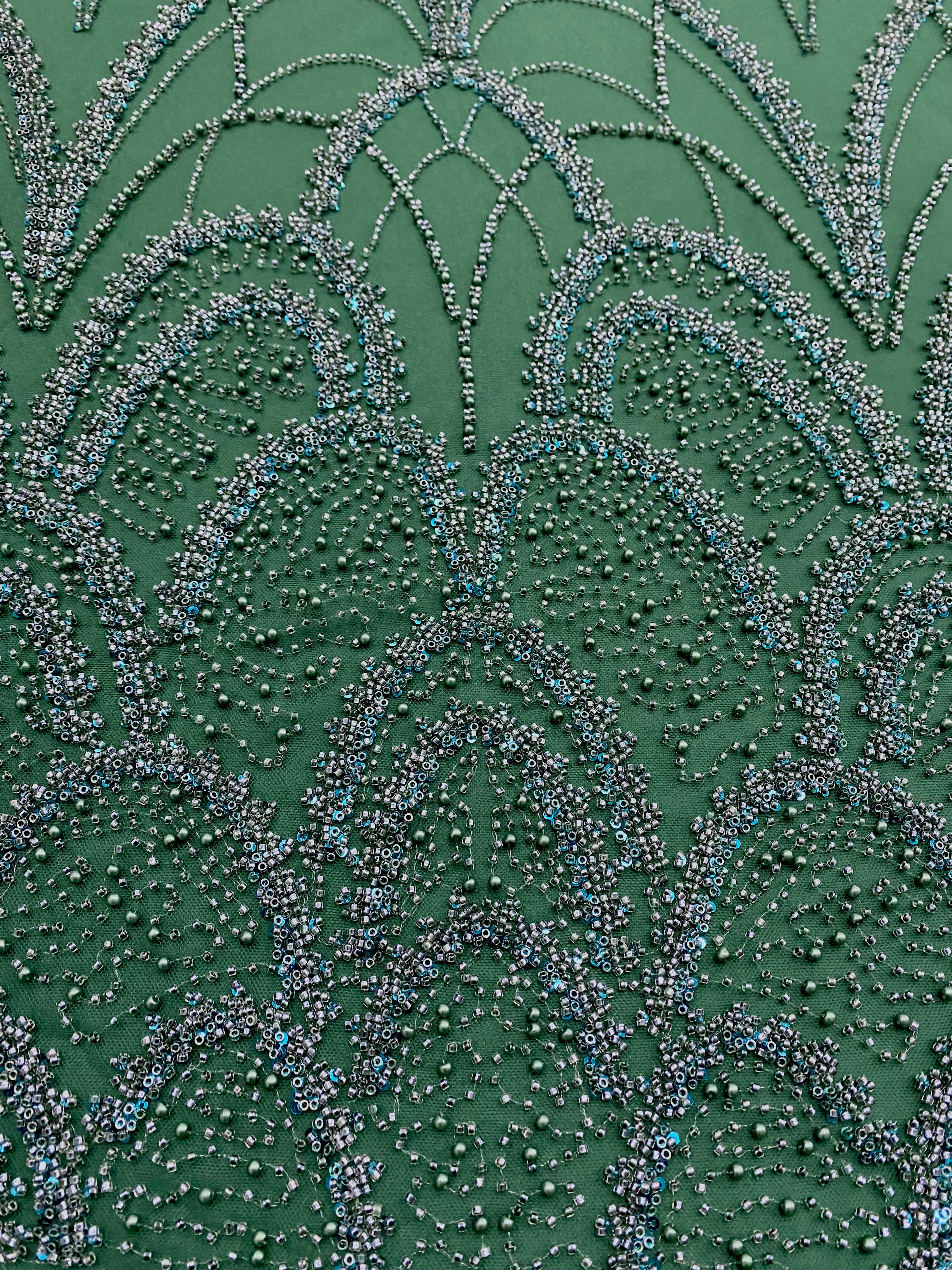 Emerald Green Couture Lace with Geometric Pattern, with Pearls, Beads and Sequins