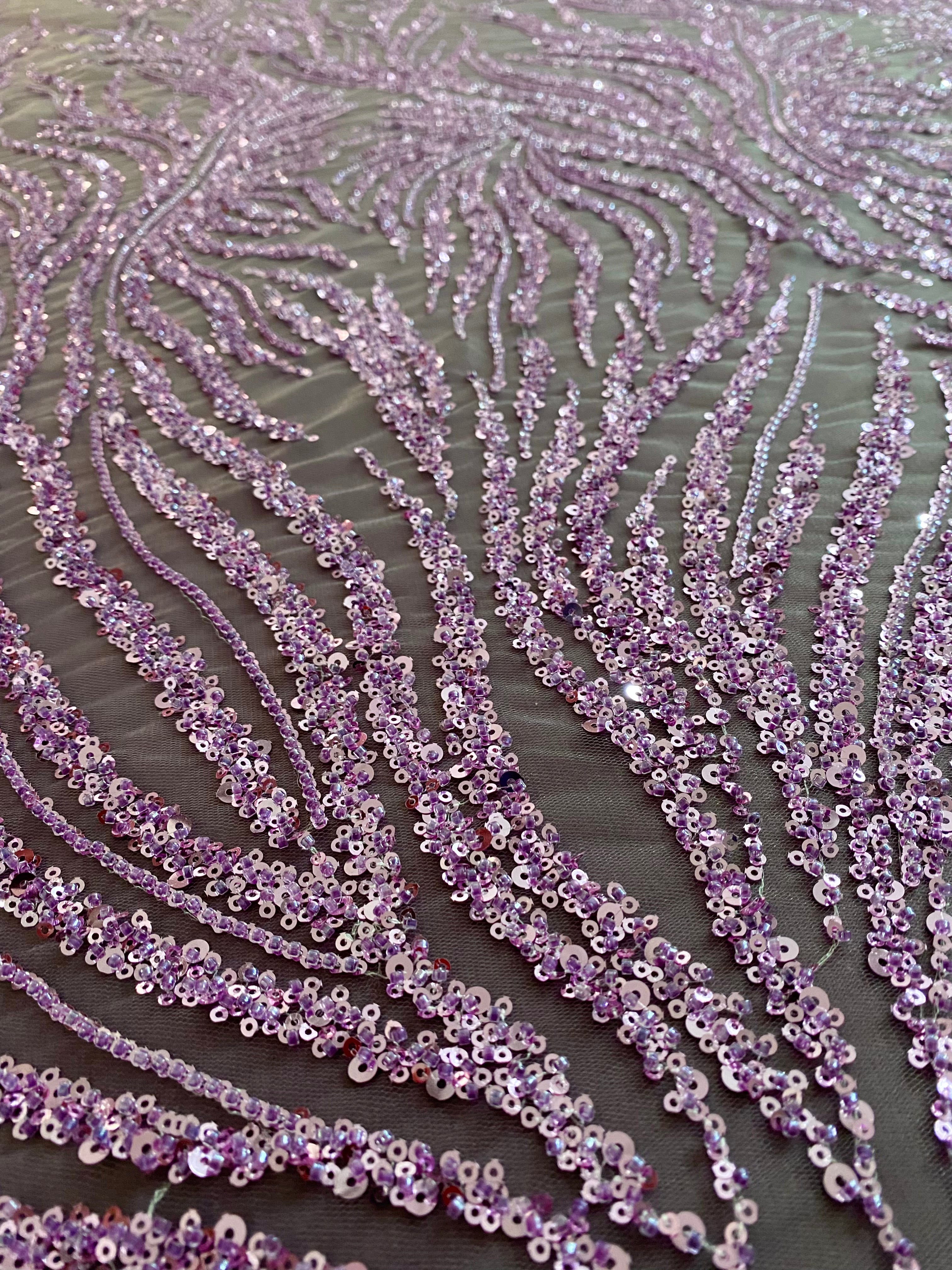 Dantela Couture Lavanda Pudrata cu Siraguri, cu Margele si Paiete