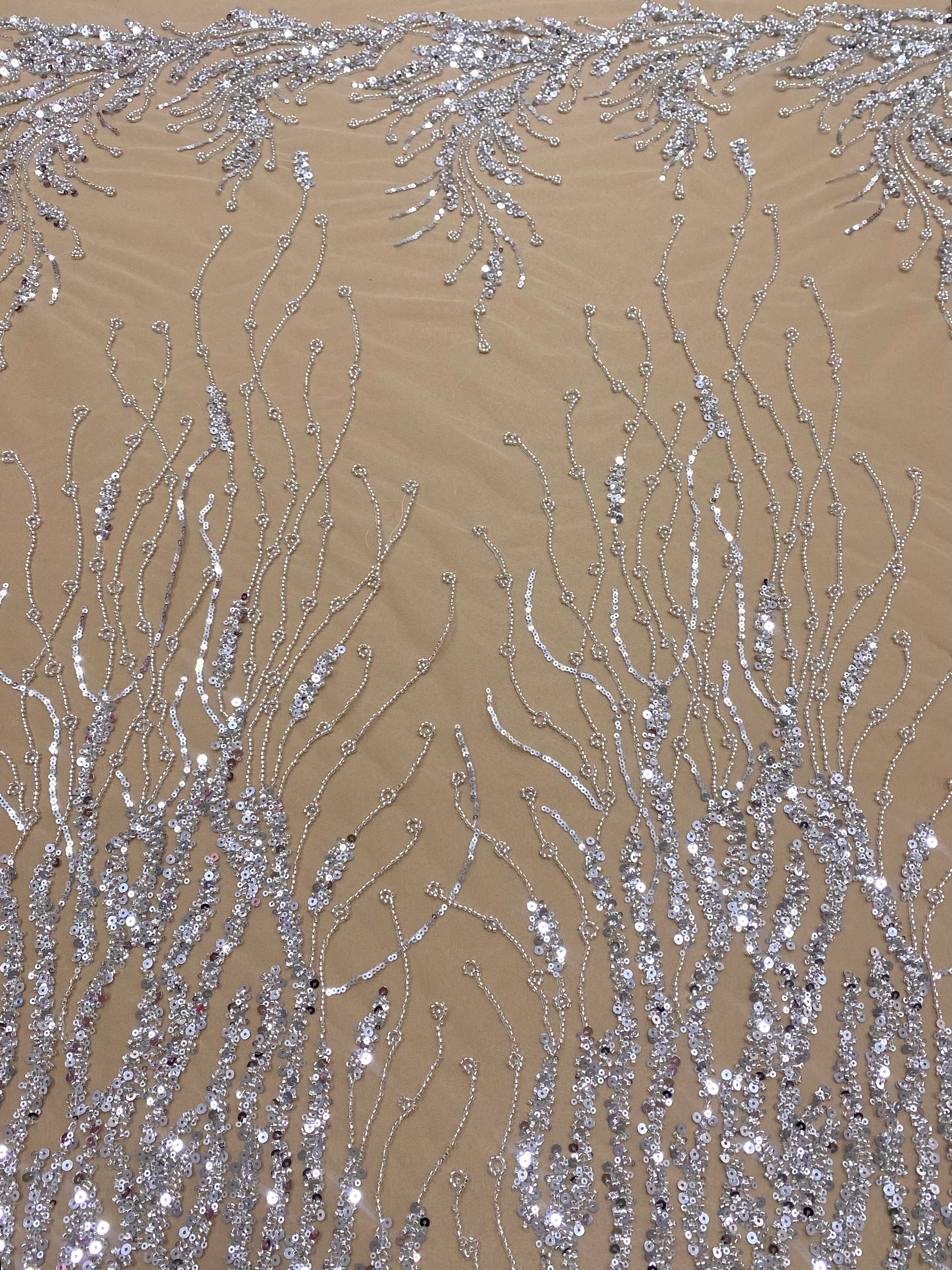 Silver Lace with Linear Pattern, with Pearls and Sequins
