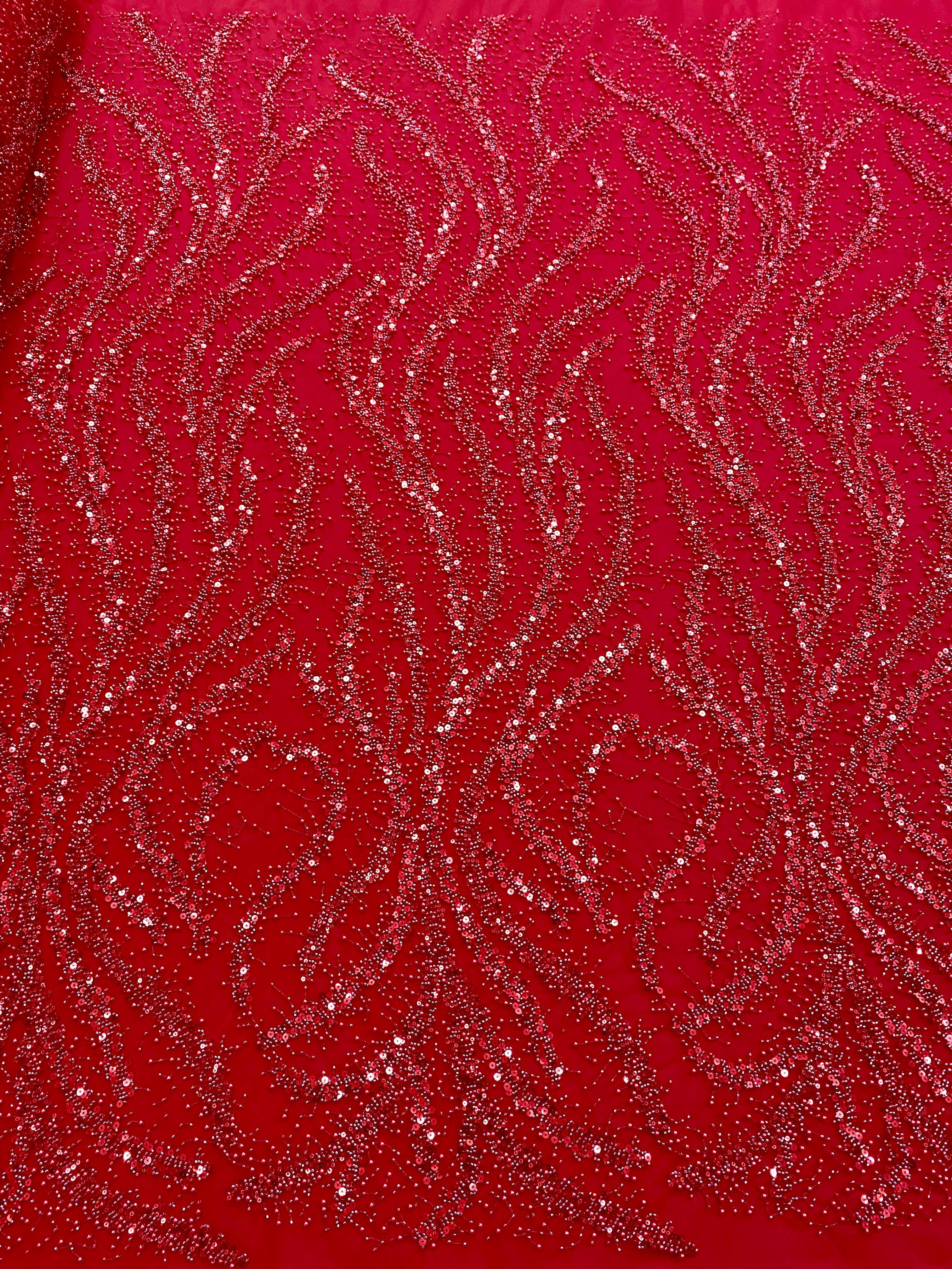 Dantela Couture Rosie cu Perle, Margele si Paiete