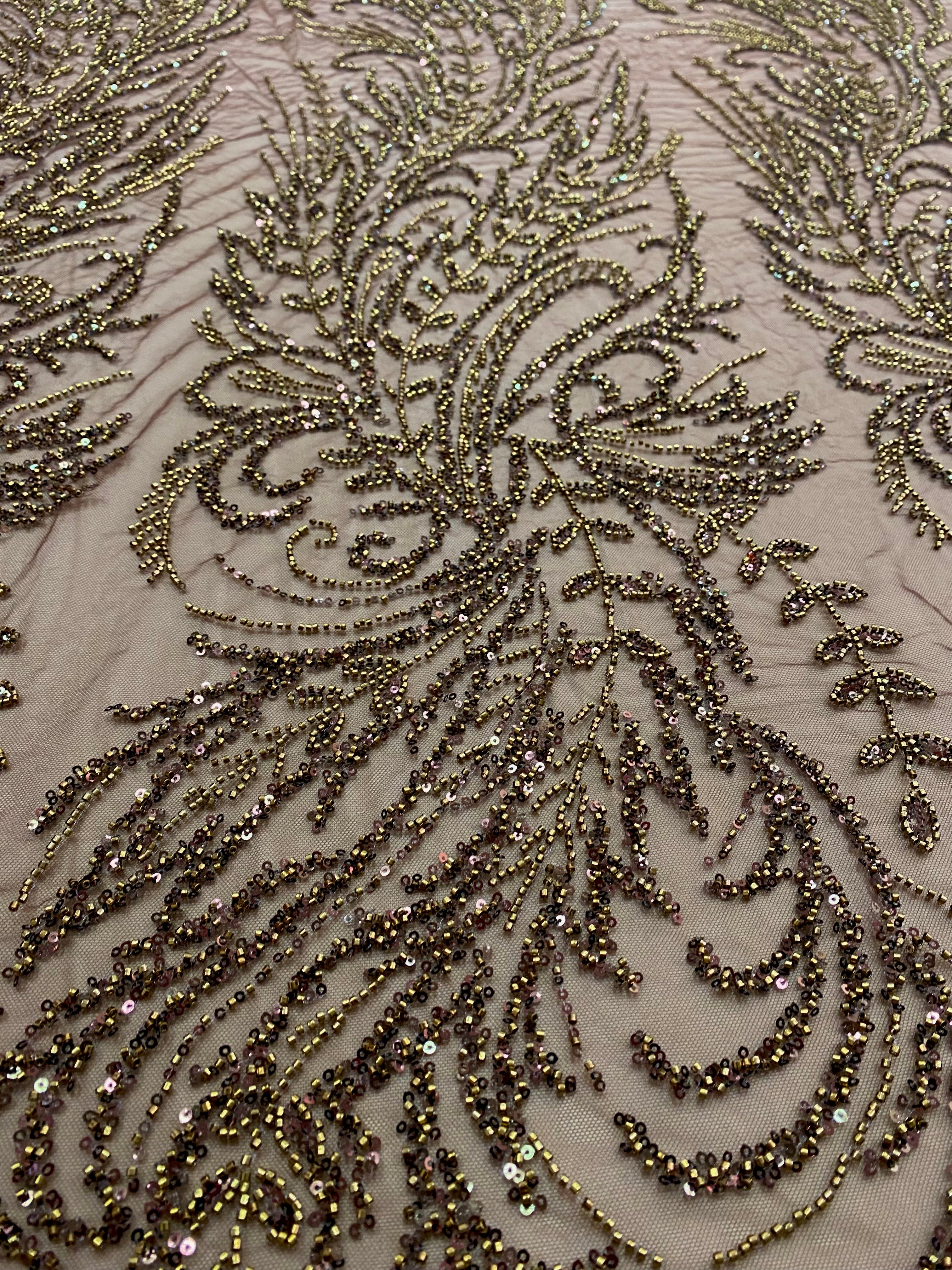 Antique Gold Couture Lace with Floral Pattern, Beads and Sequins 