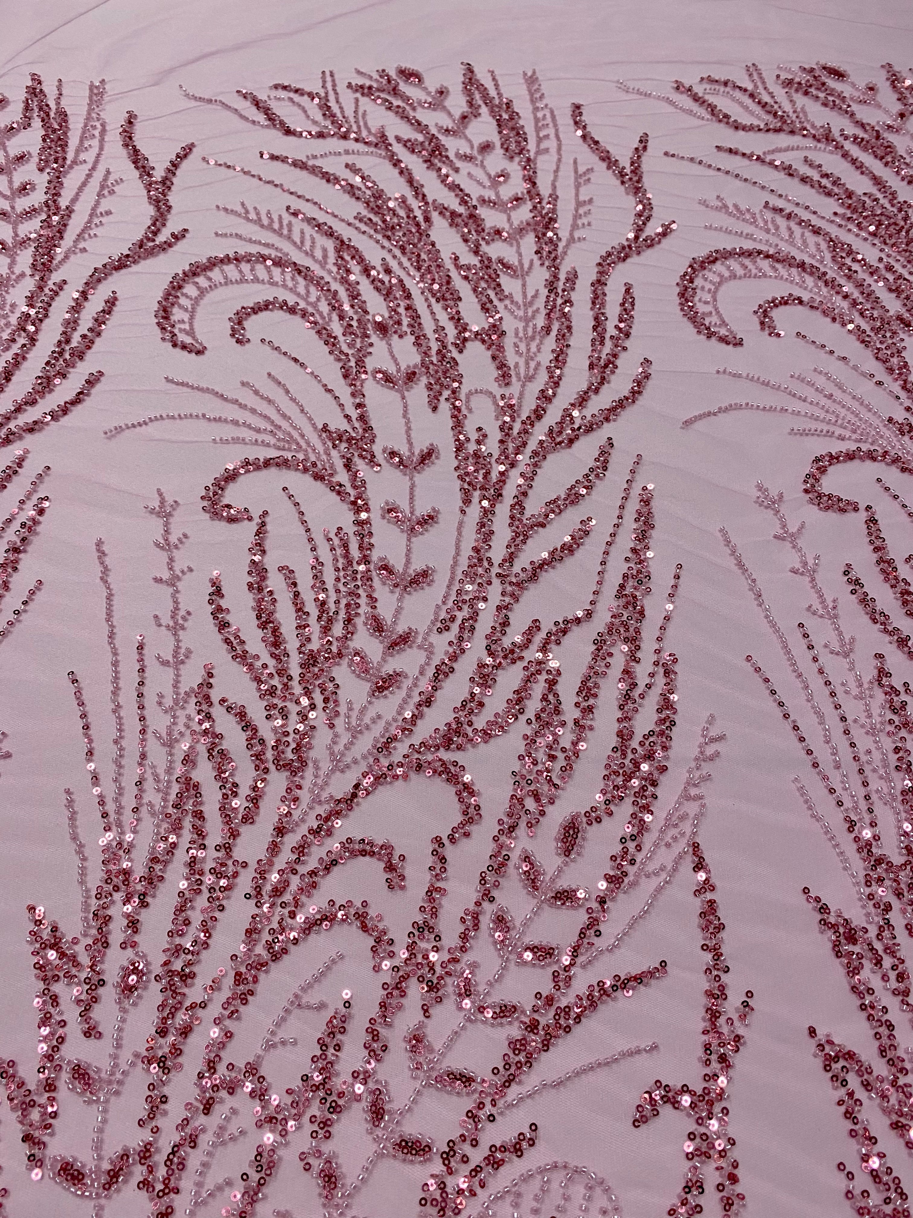 Pink Couture Lace with Floral Pattern, with Beads and Sequins