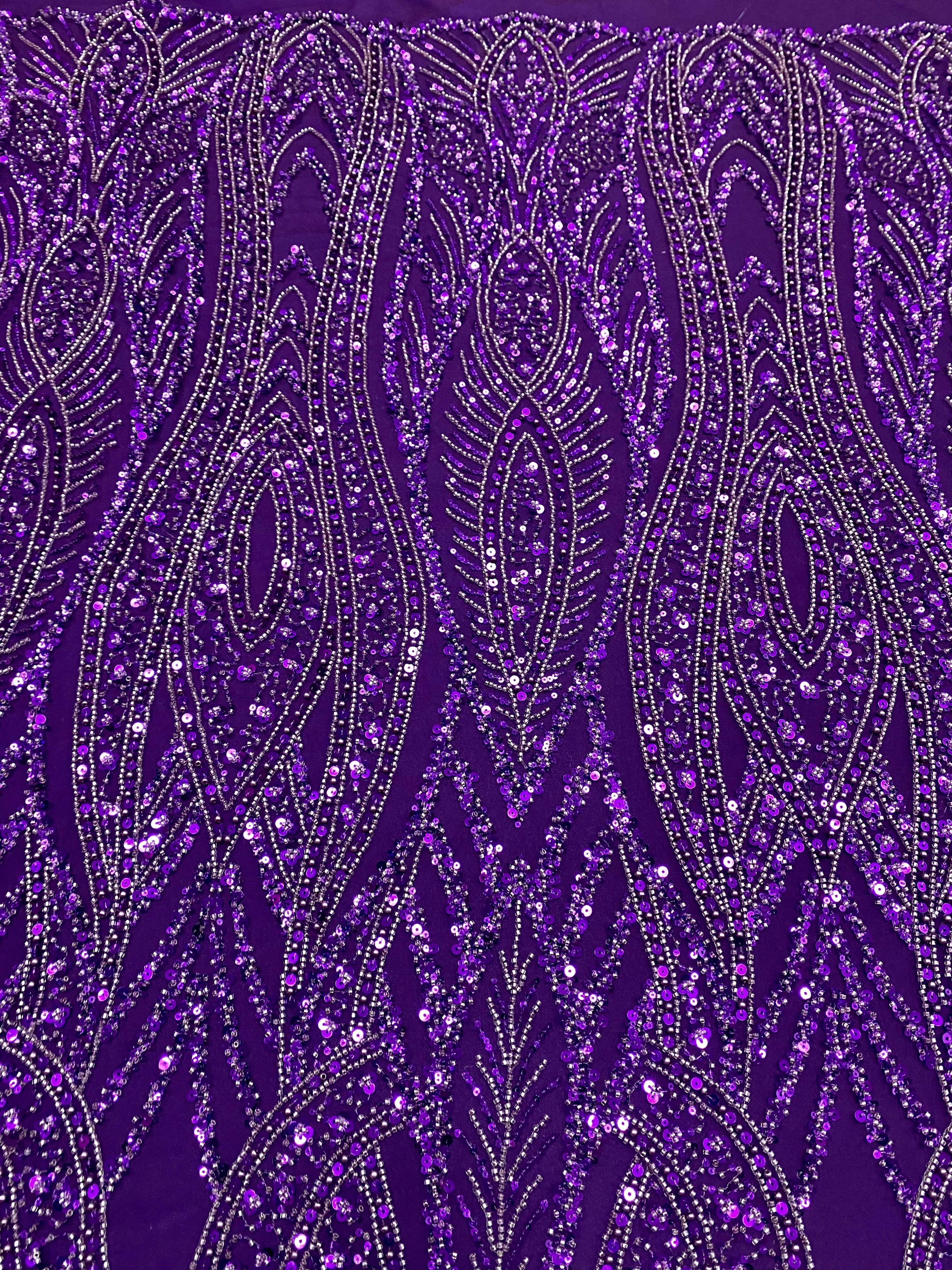 Dantela Couture Mov Inchis cu Model Geometric, Perle, Margele si Paiete