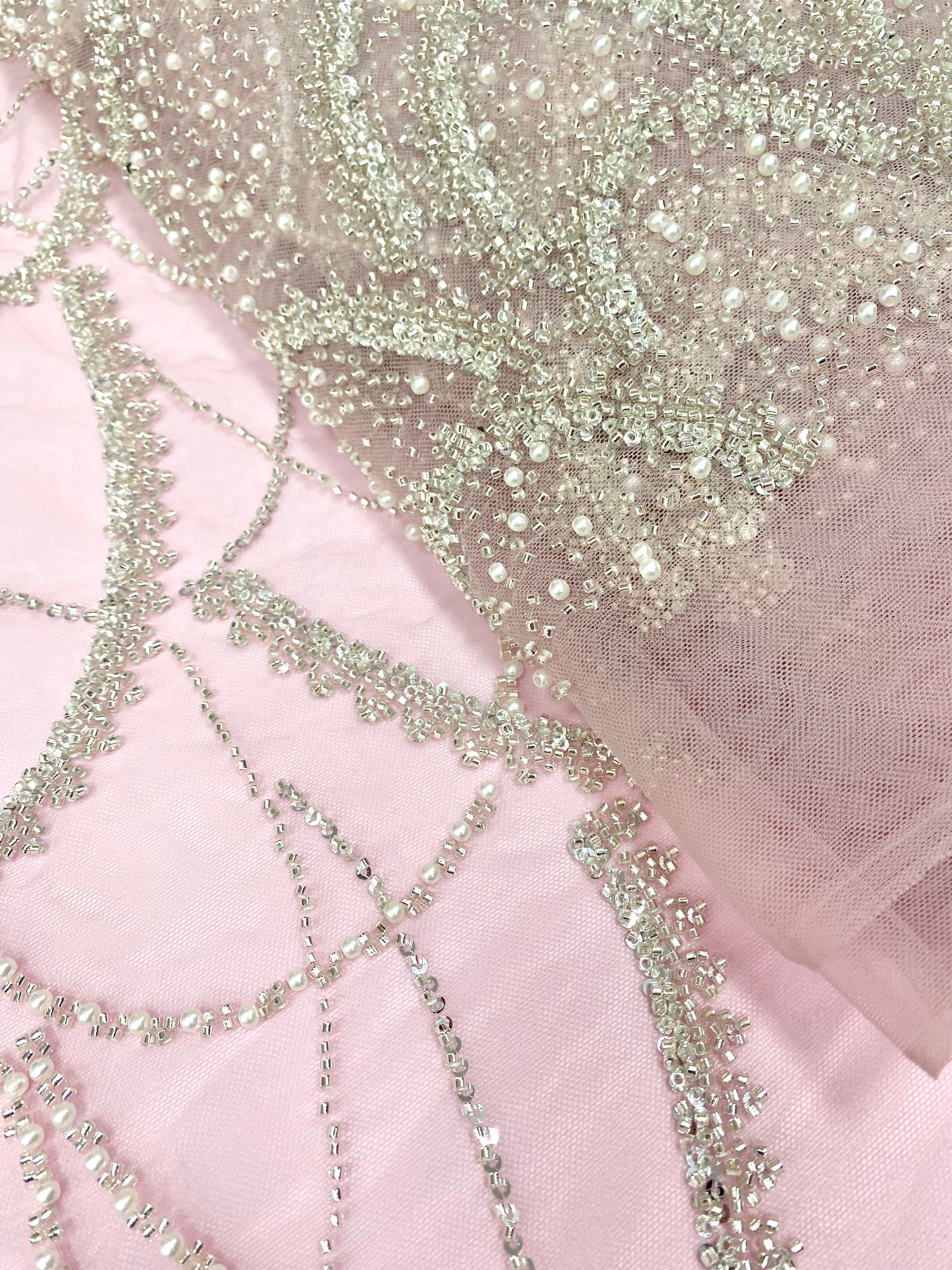 Silver Couture Lace on Pink Tulle with Geometric Pattern, with Pearls, Beads and Sequins