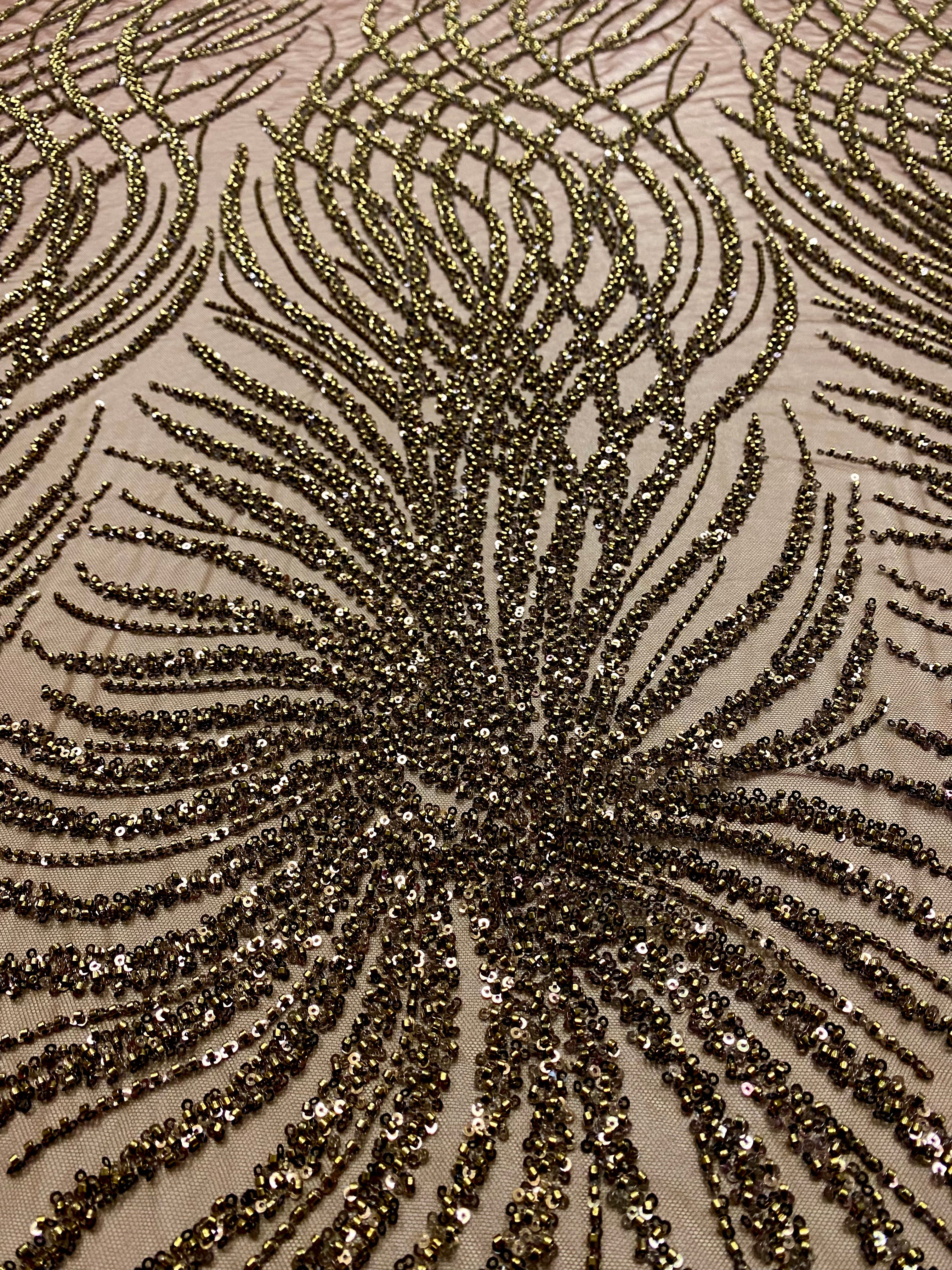 Brown Lace with Geometric Pattern, with Beads and Sequins