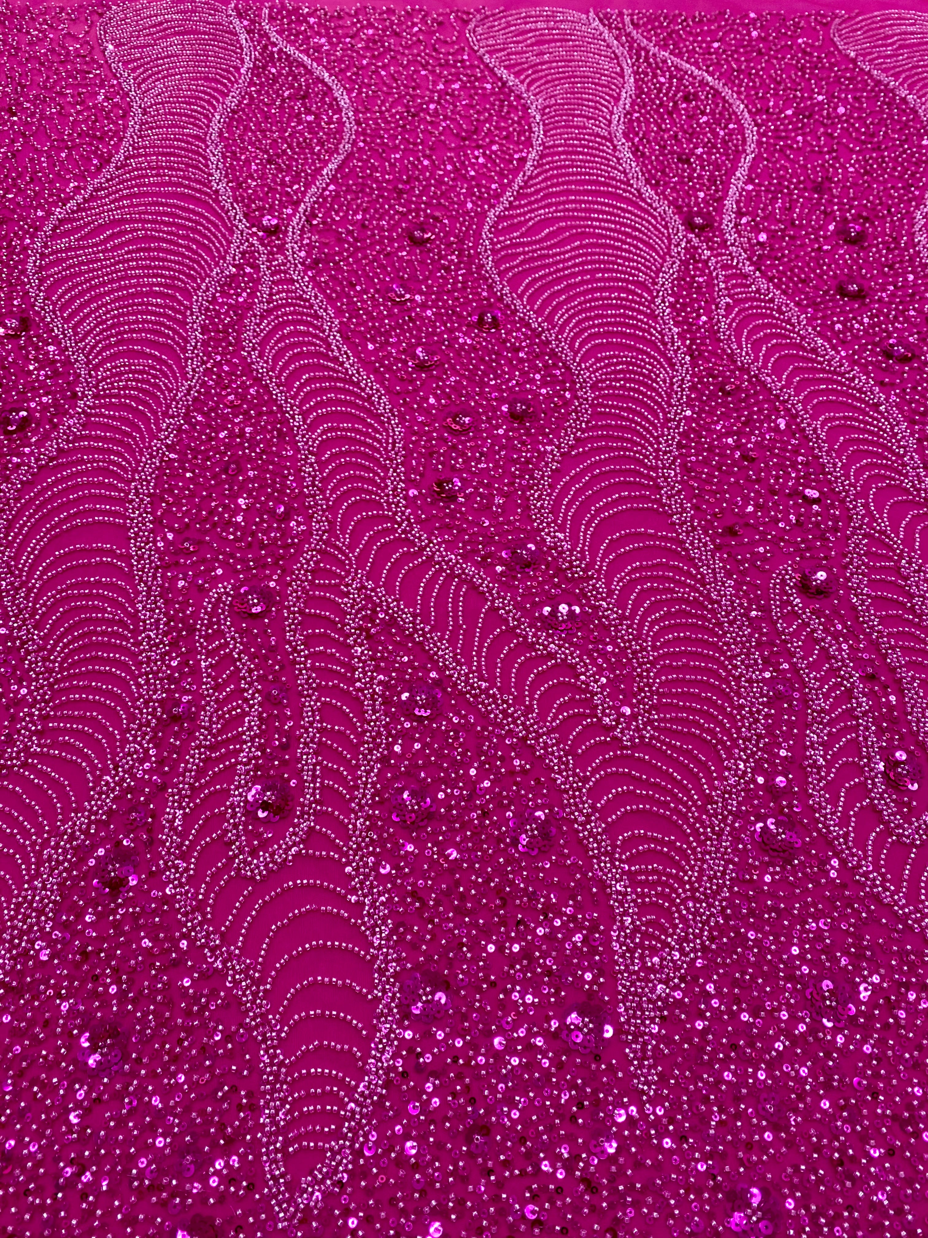 Dantela Couture Fucsia cu Model Geometric si Flori, cu Margele si Paiete