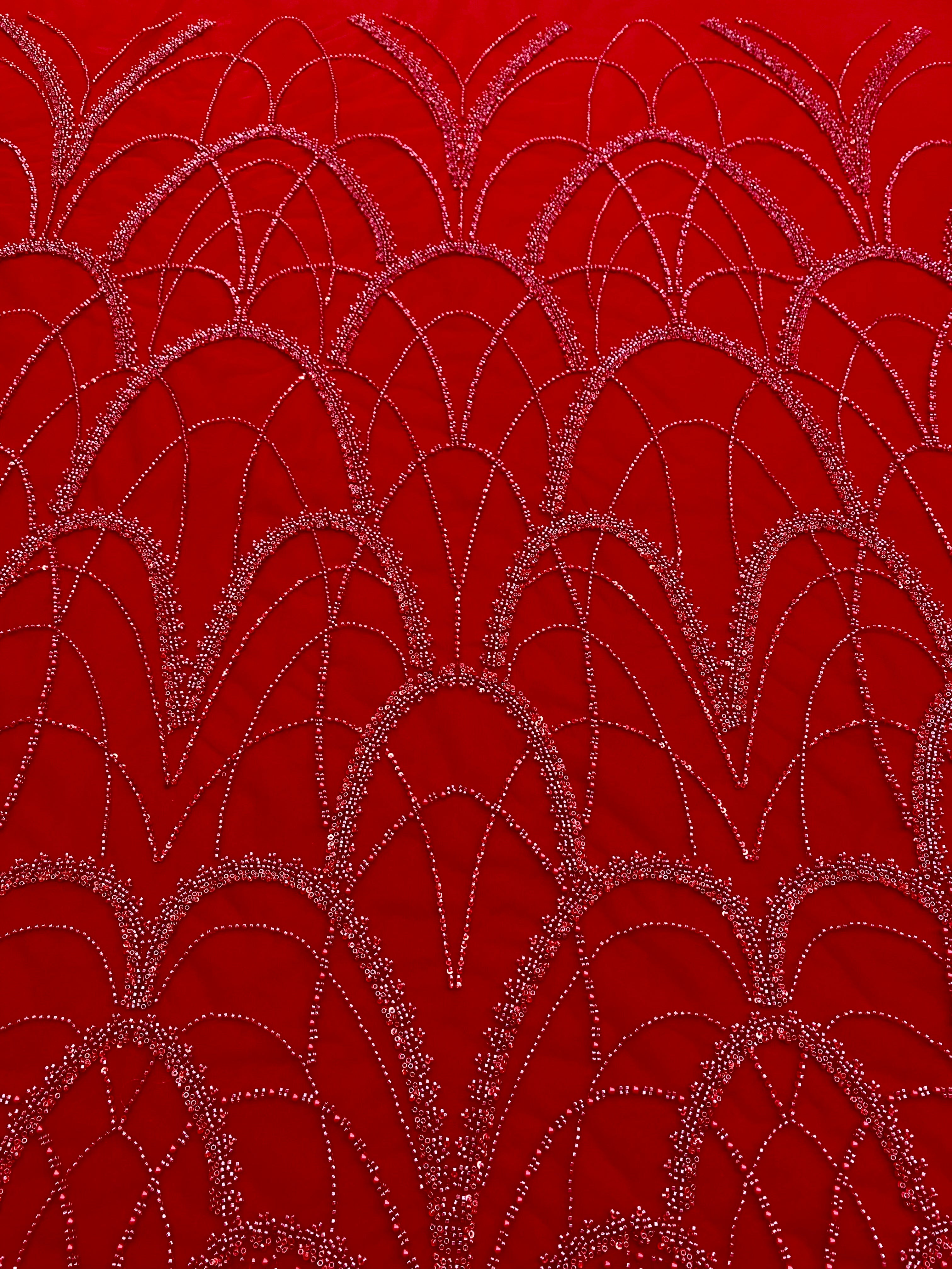 Dantela Couture Rosie cu Model Geometric, cu Perle, Margele si Paiete