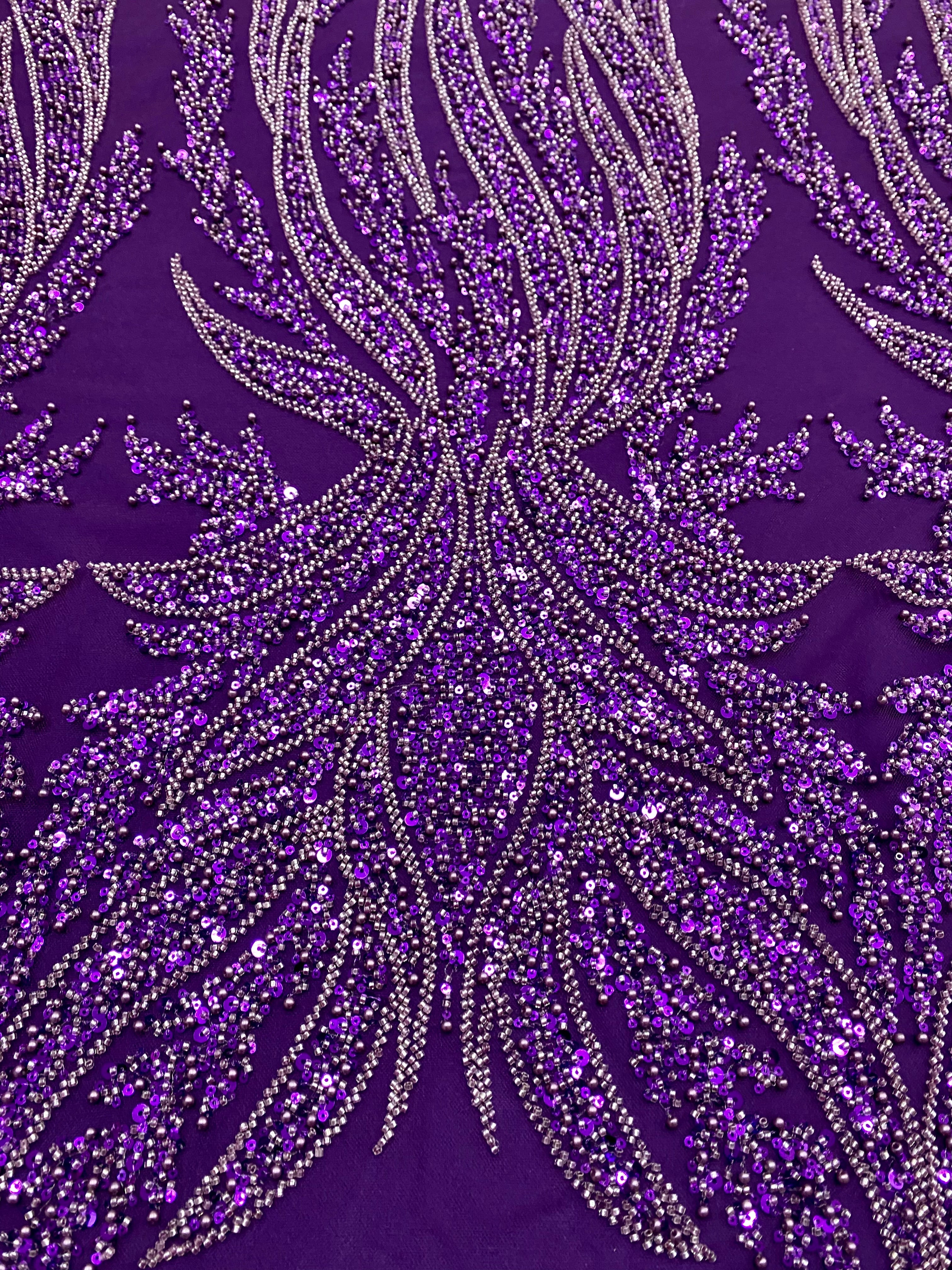 Dantela Couture Mov Inchis cu Panou, cu Perle, Margele si Paiete