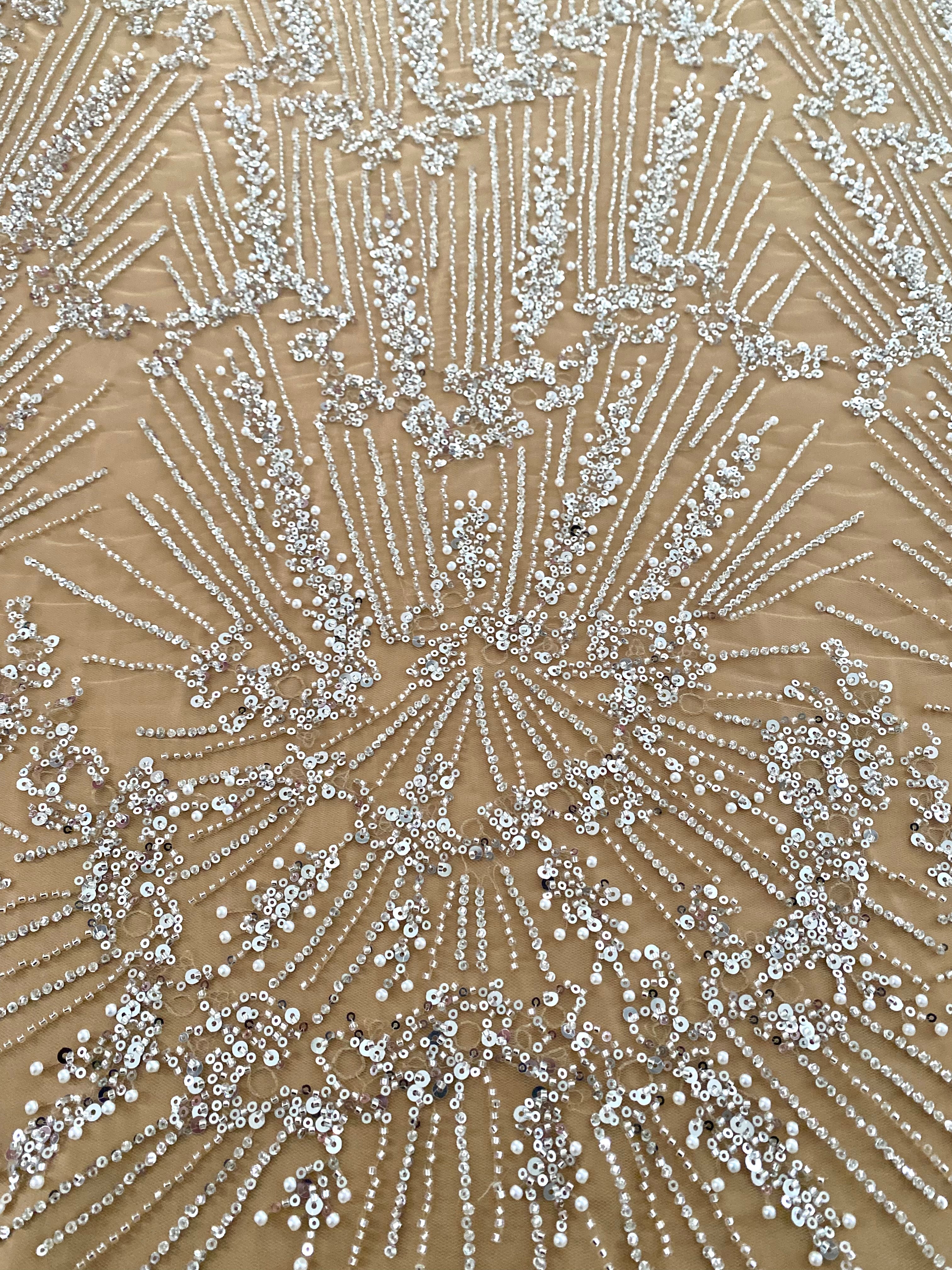 0.9m Voucher of Silver Couture Lace on Champagne Tulle, with Symmetrical Pattern, with Beads and Sequins 