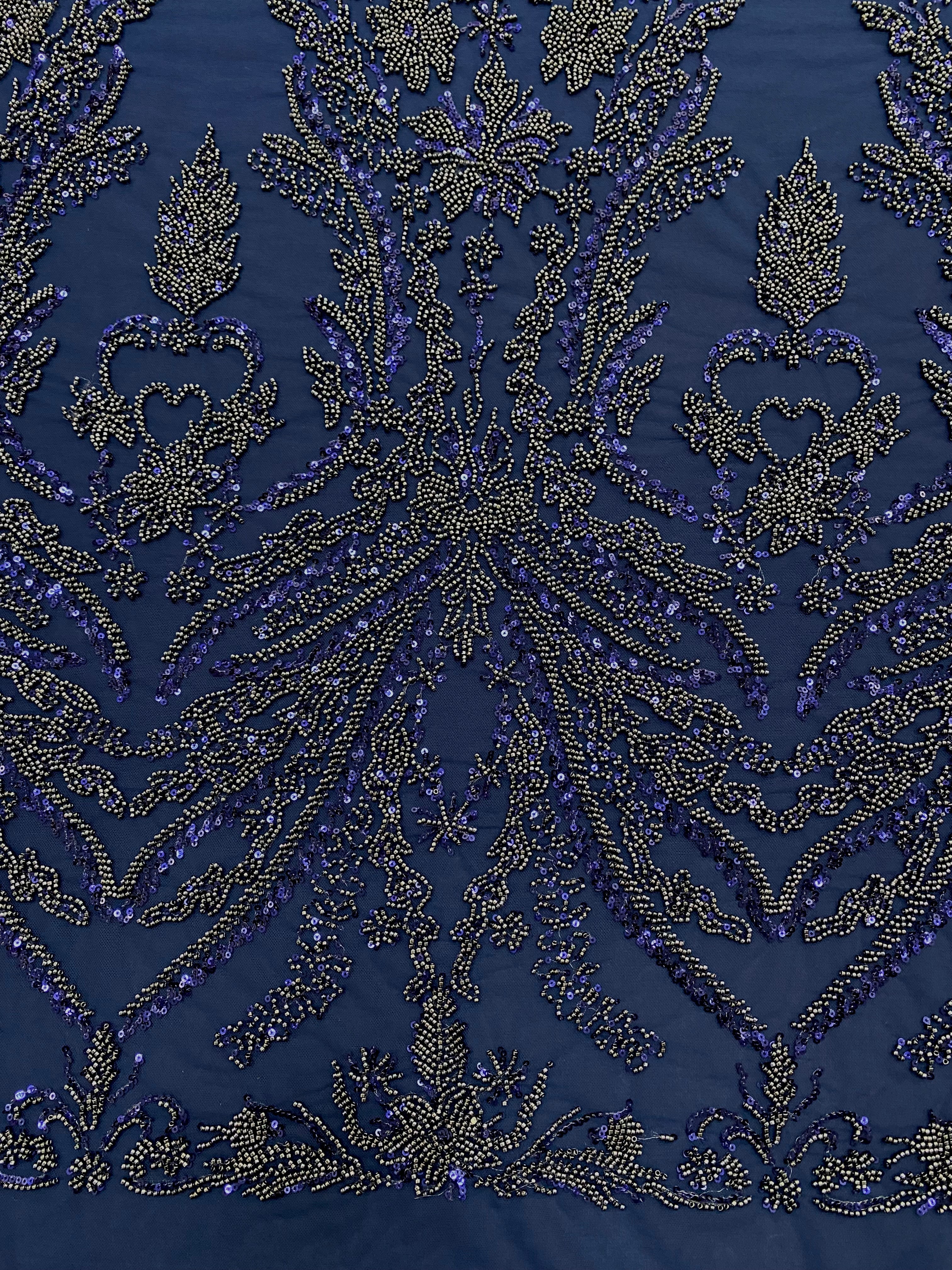 Navy Blue Couture Lace with Floral Pattern, Beads and Sequins