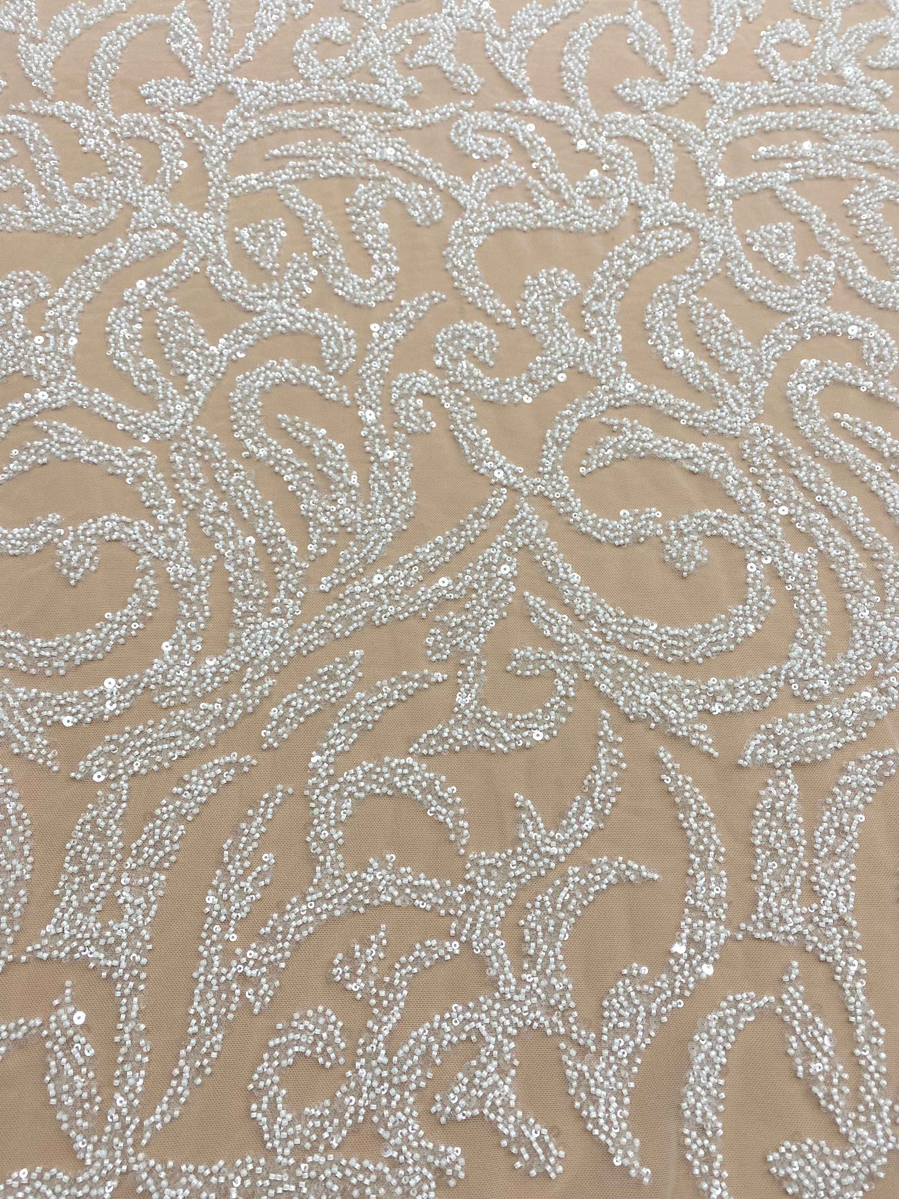 Dantela Couture Ivory cu Model Geometric, cu Margele si Paiete