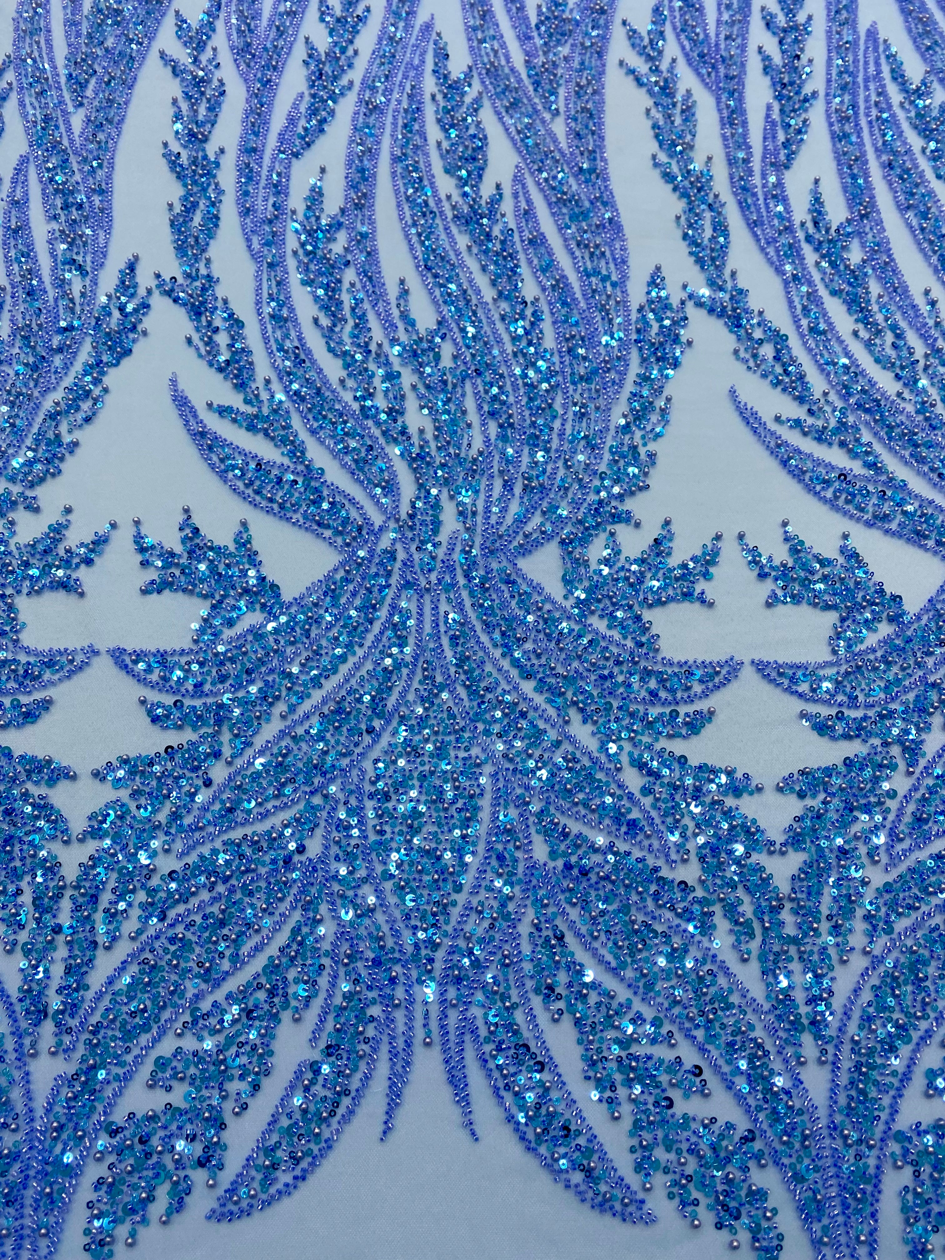 Silver Couture Lace on Blue Tulle, with Symmetrical Pattern, with Beads and Sequins 