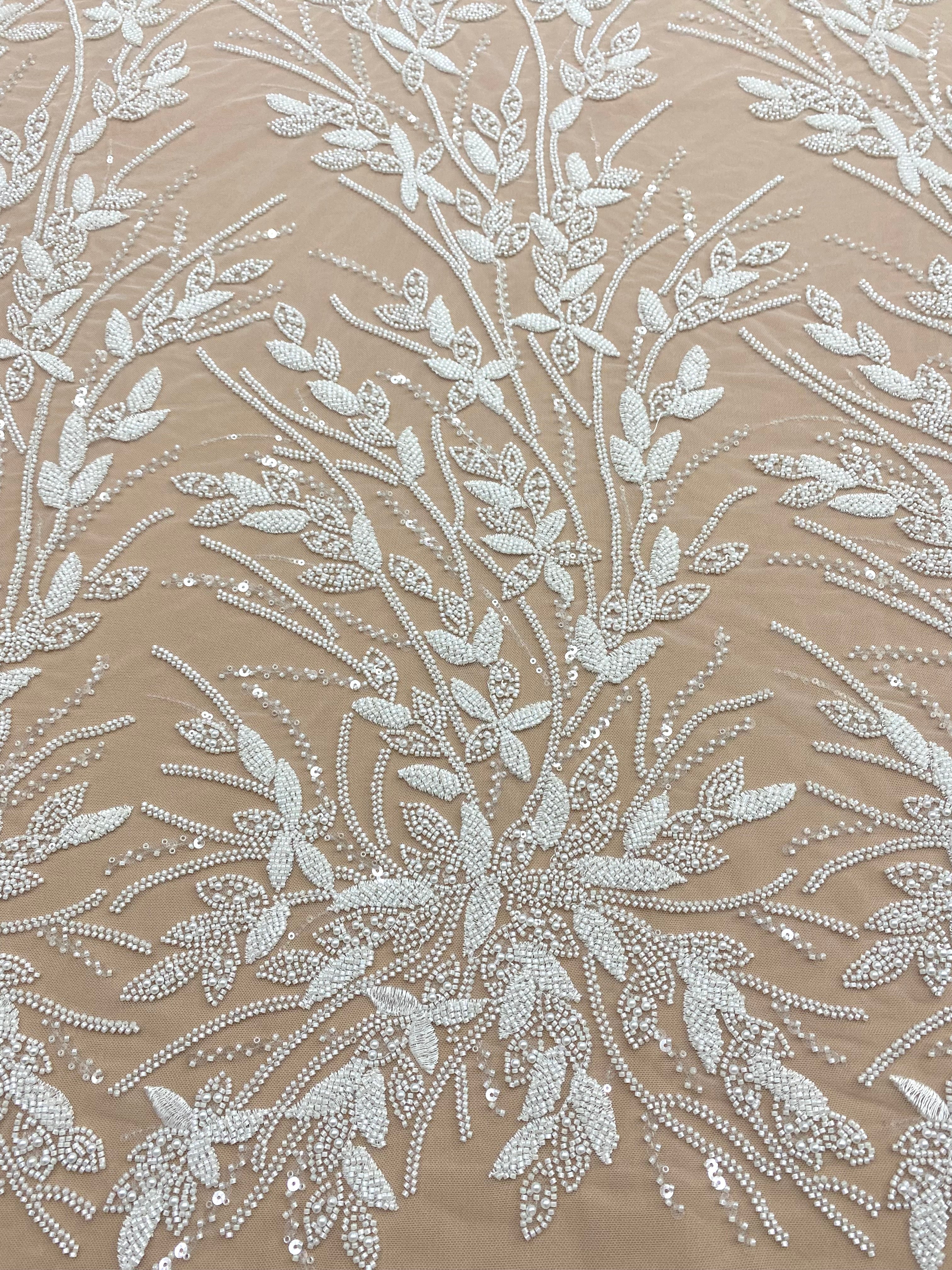Ivory Couture Lace with Floral Pattern, Pearls, Beads and Sequins