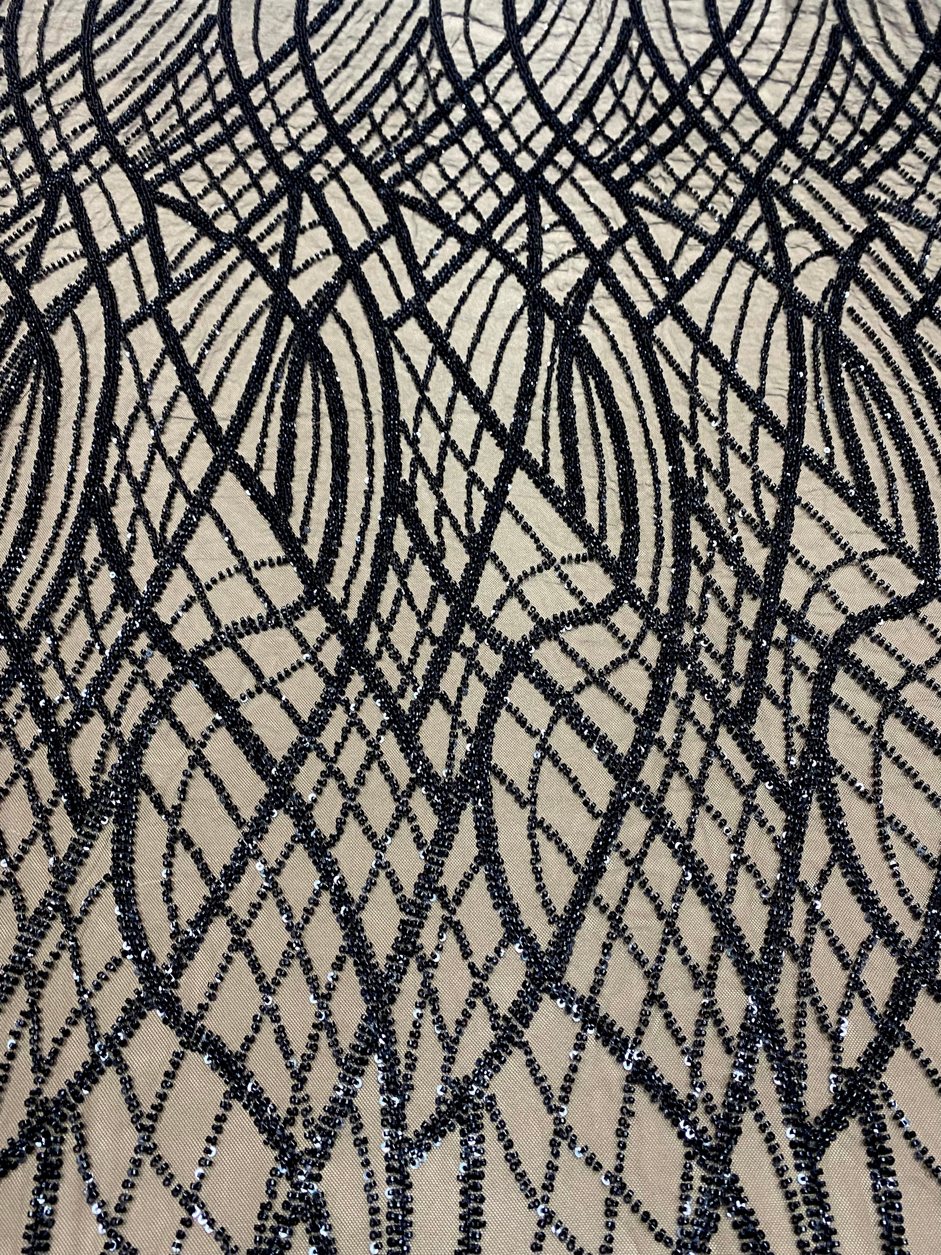 Dantela Couture Neagra cu Model Liniar, cu Margele si Paiete