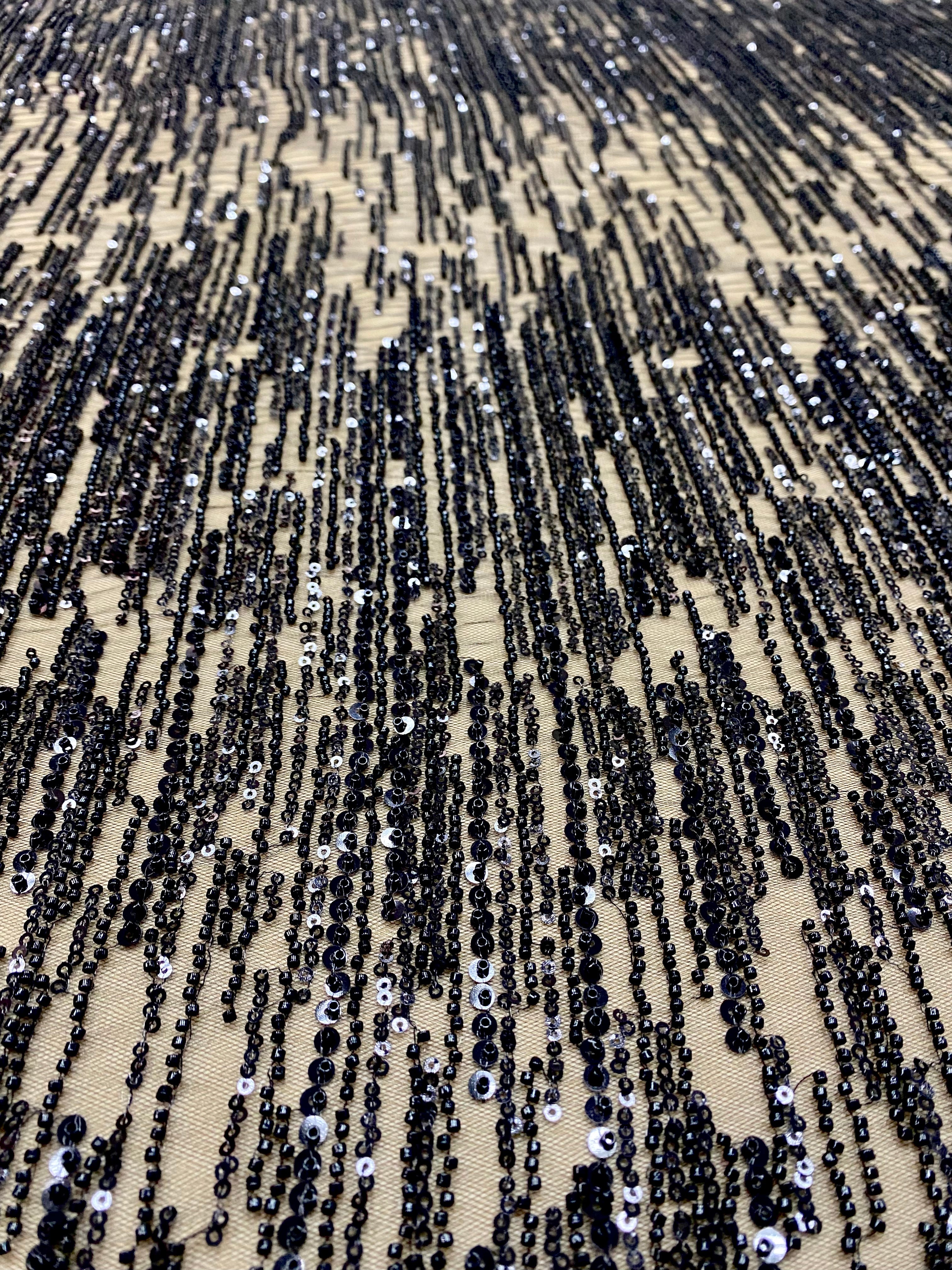 Black Lace with Linear Pattern, with Pearls and Sequins