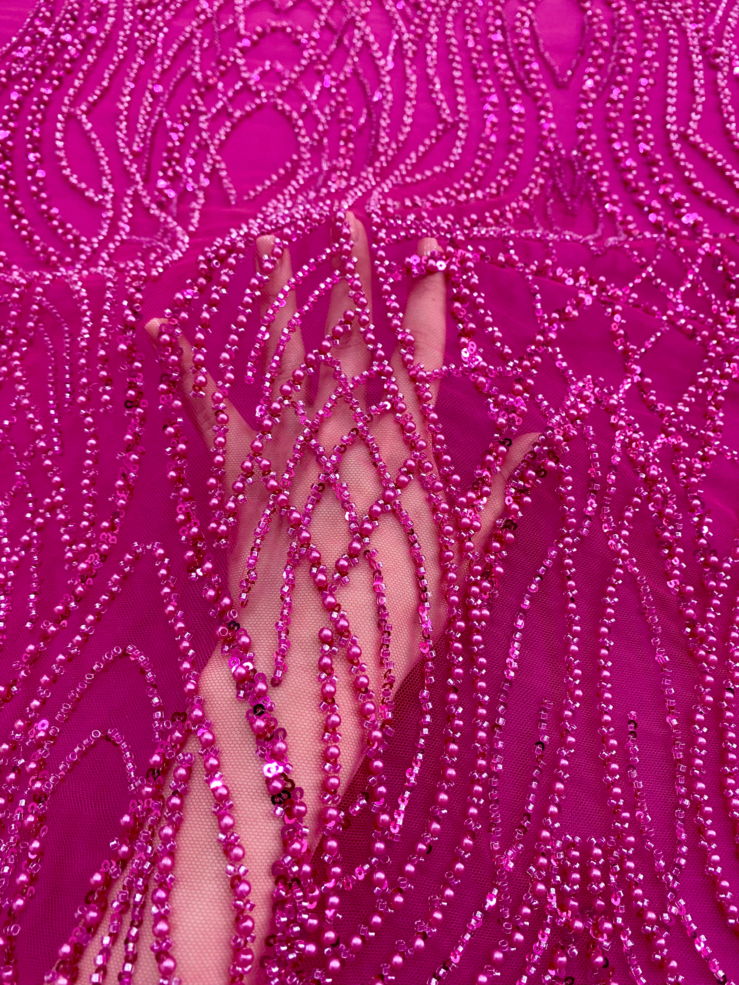 Silver Lace with Linear Pattern, with Pearls and Sequins
