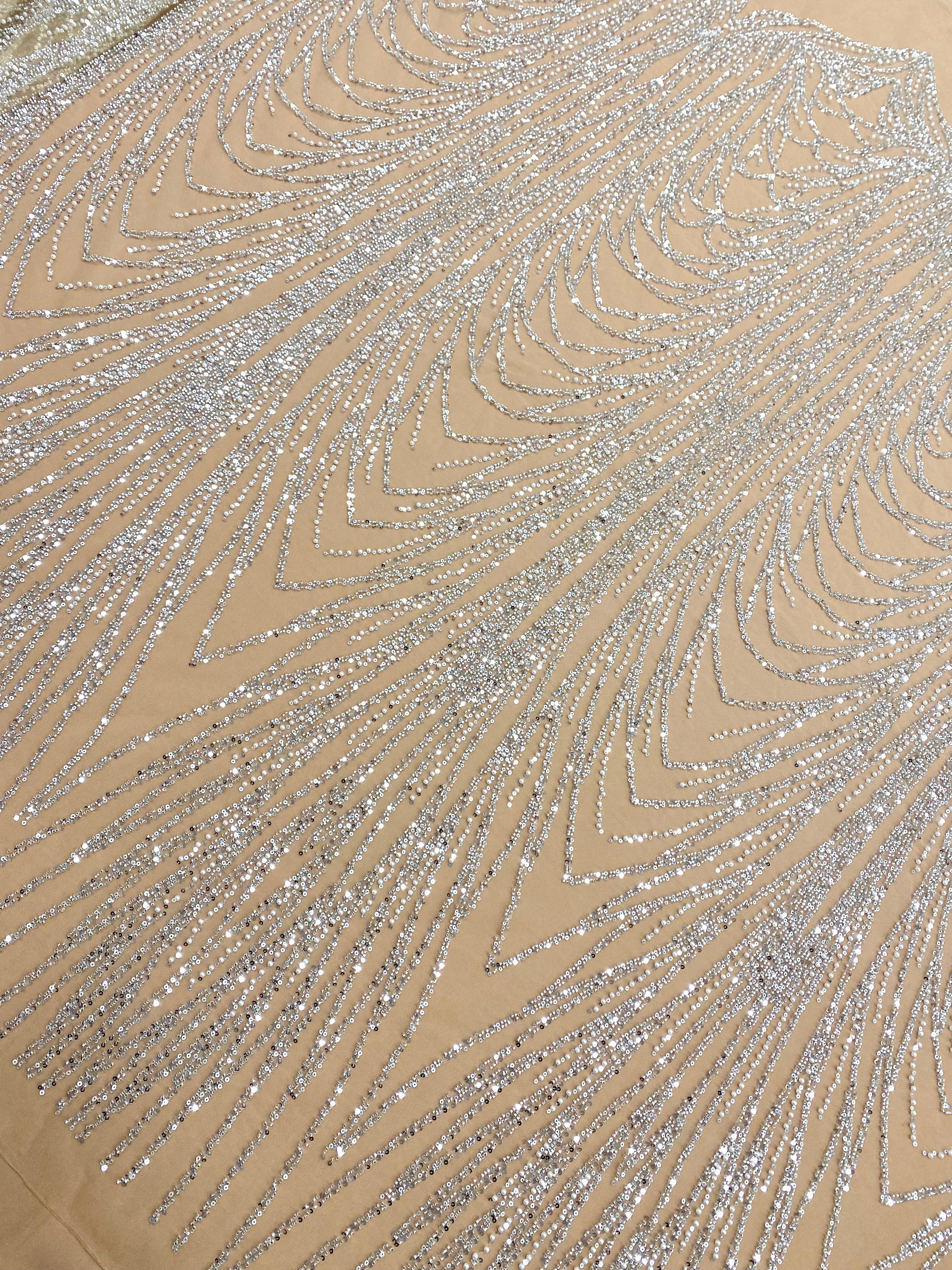 Silver Couture Lace on Nude Tulle with Linear Pattern, with Beads and Sequins