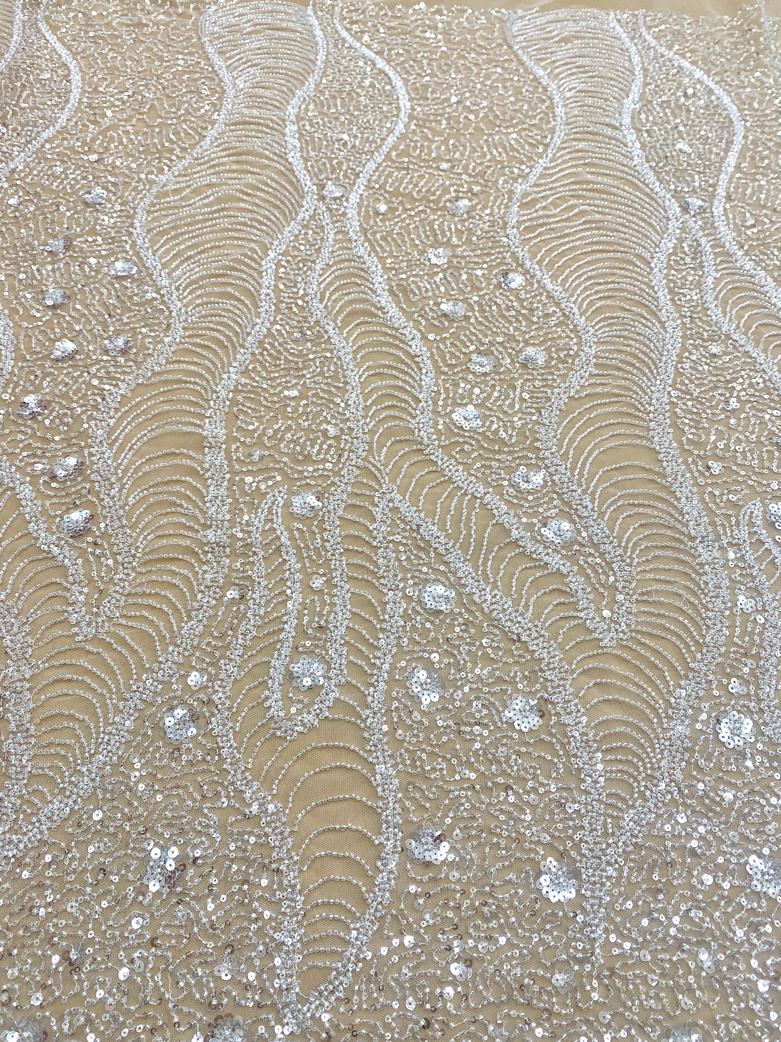 Silver Lace with Linear Pattern, with Pearls and Sequins