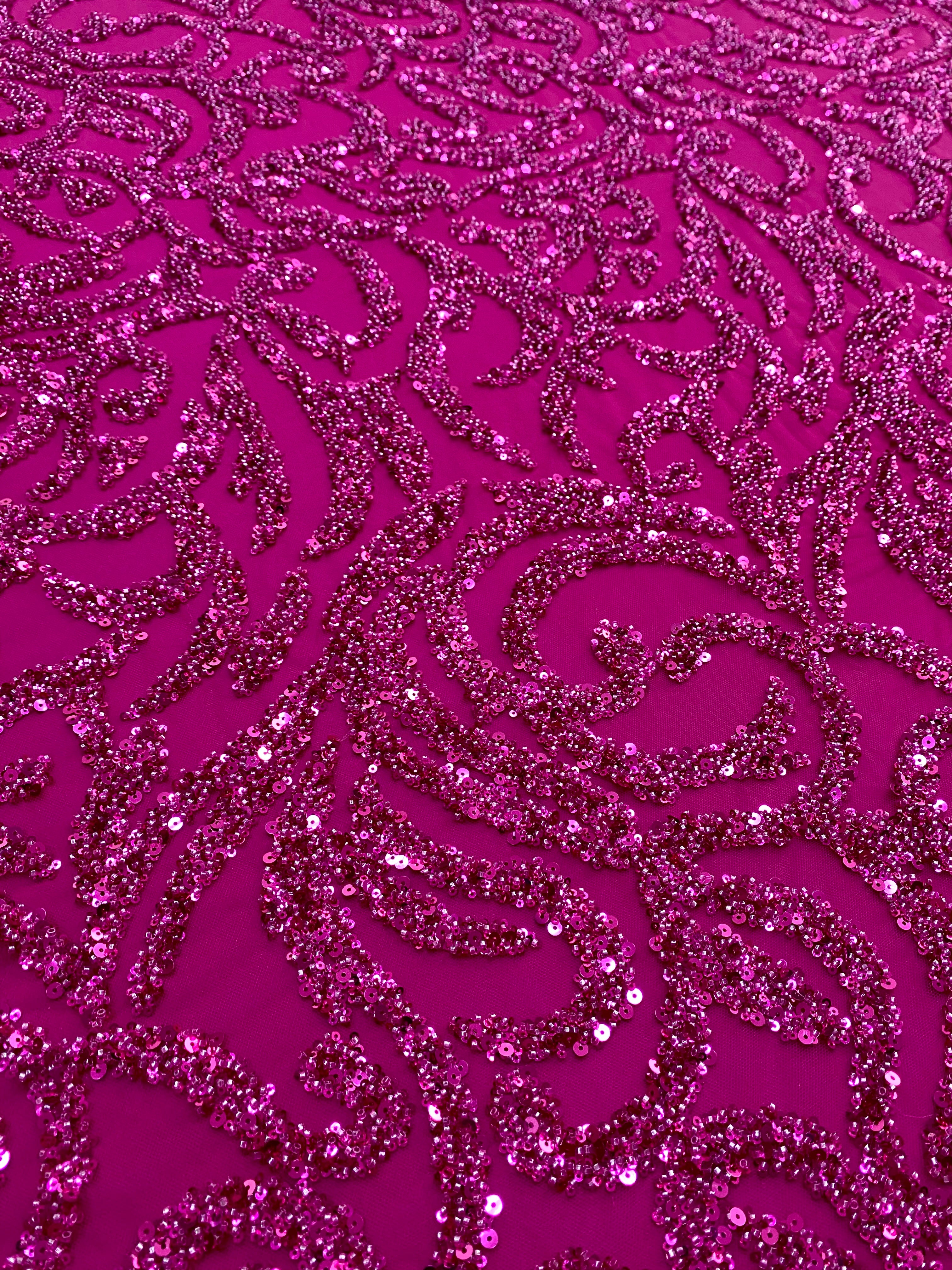 Dantela Couture Fucsia cu Model Geometric, cu Margele si Paiete