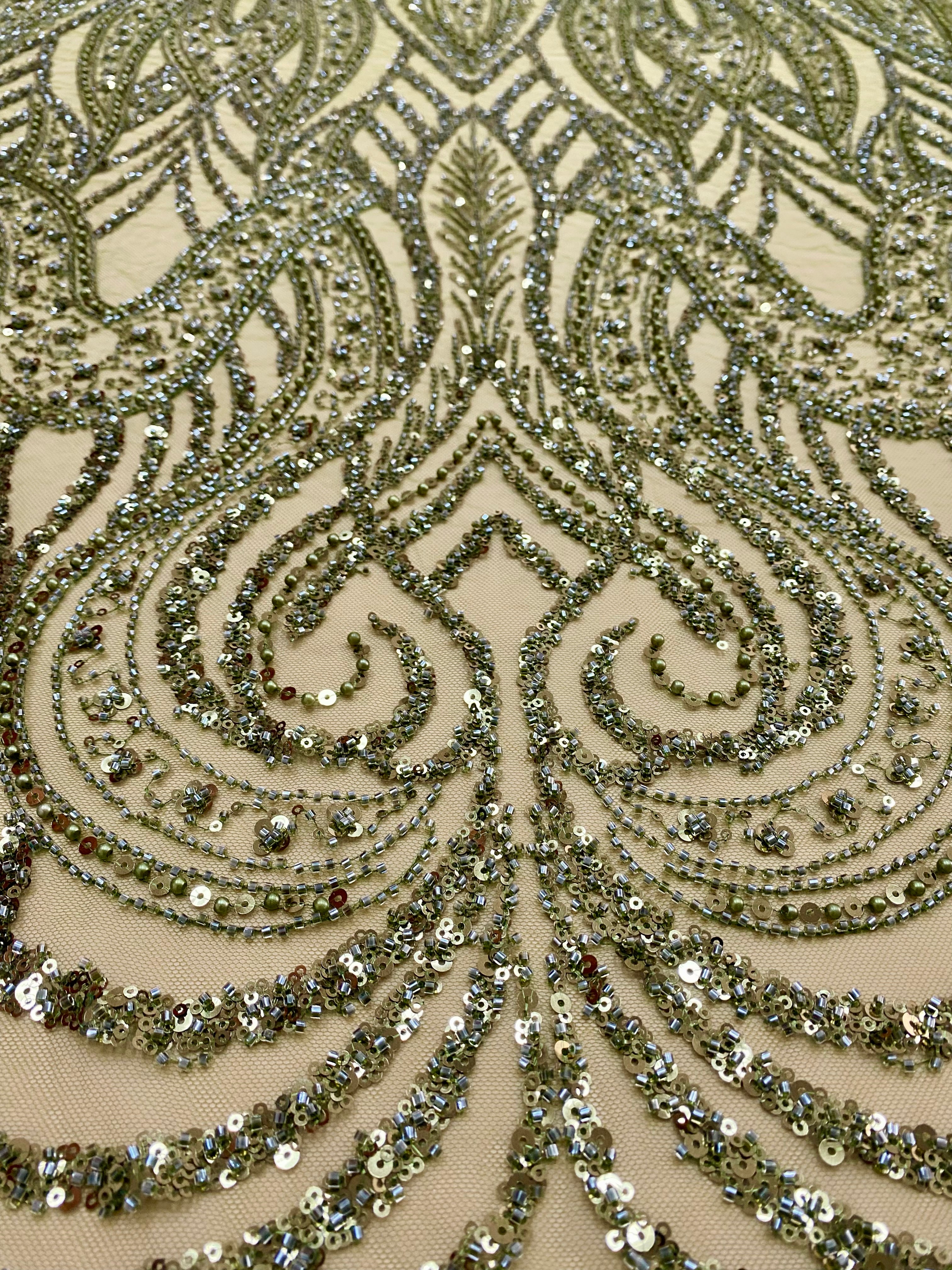 Dantela Couture Olive cu Model Geometric, cu Perle, Margele si Paiete