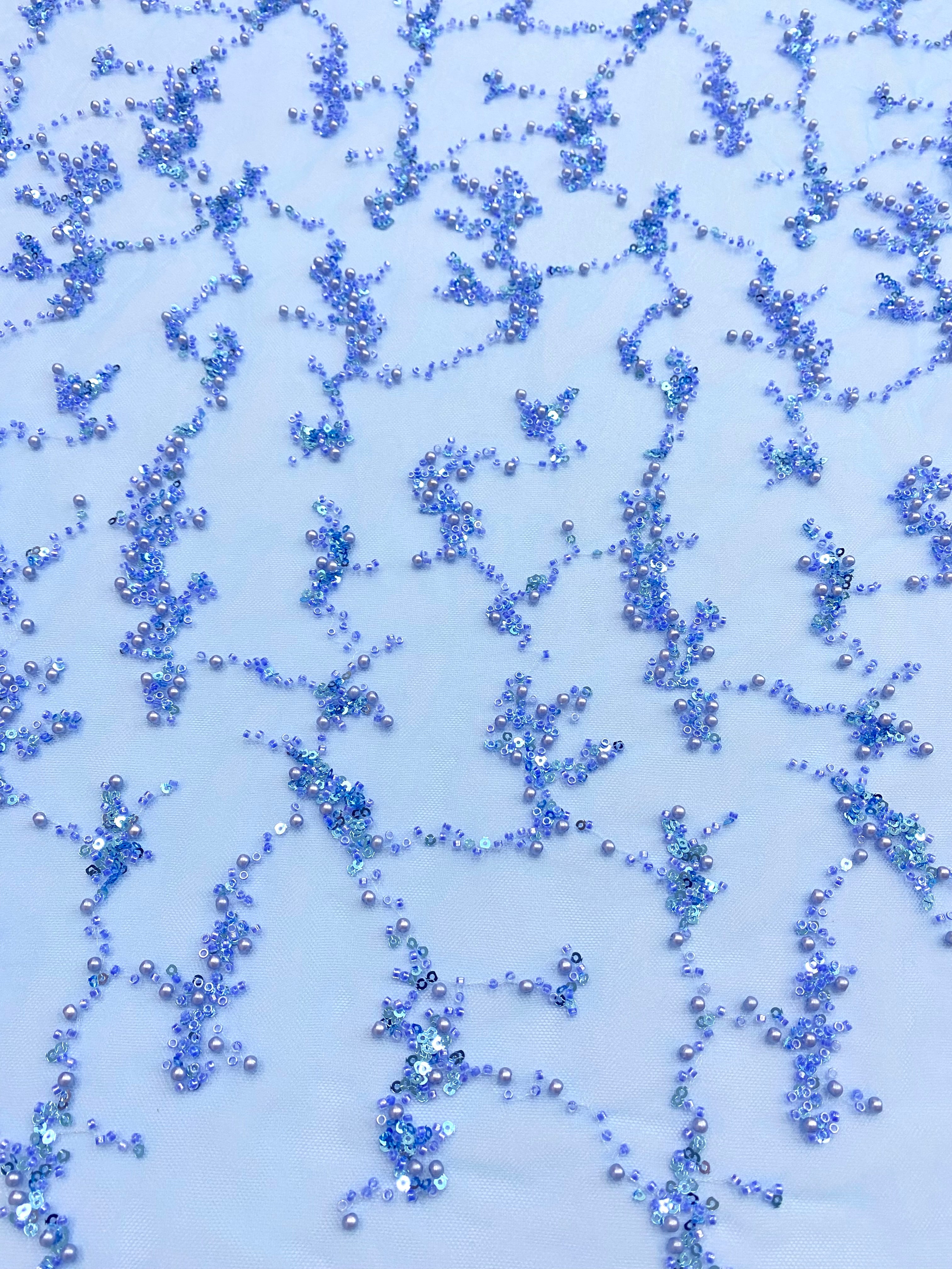 Silver Lace with Nude Tulle with Linear Pattern, Beads and Sequins