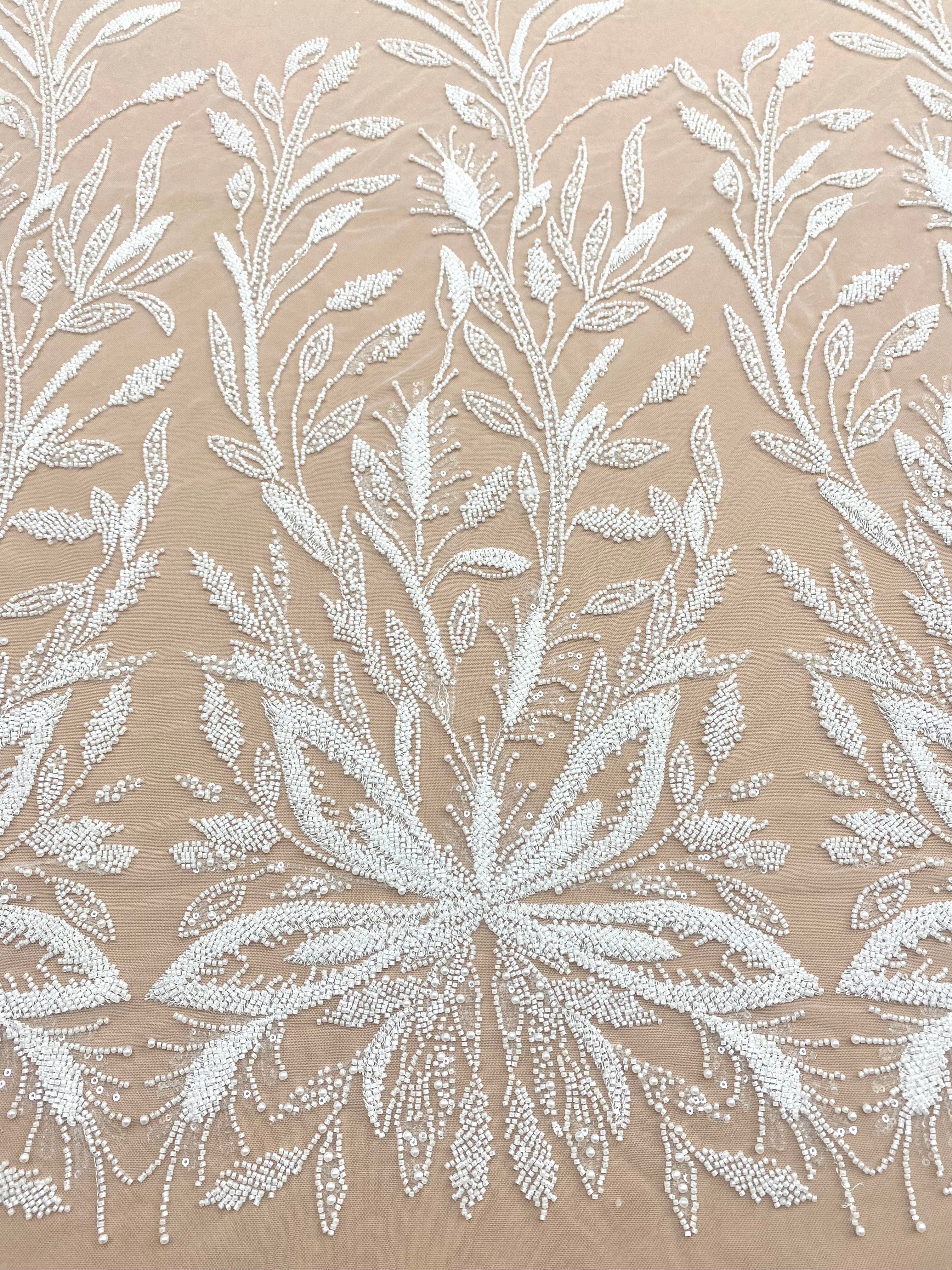 Ivory Couture Lace with Floral Pattern, Pearls, Beads and Sequins