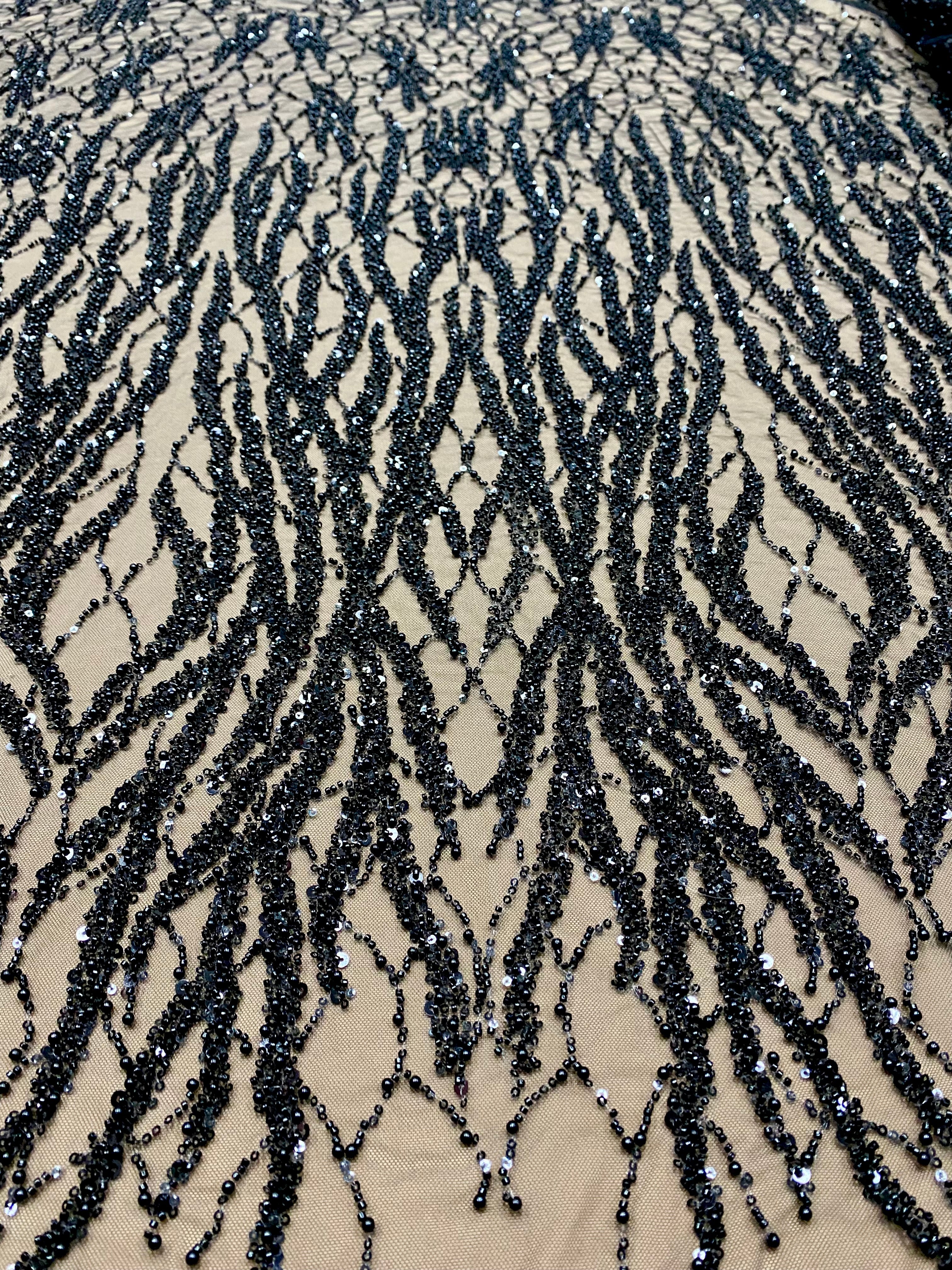 Black Couture Lace with Strings, Pearls, Beads and Sequins