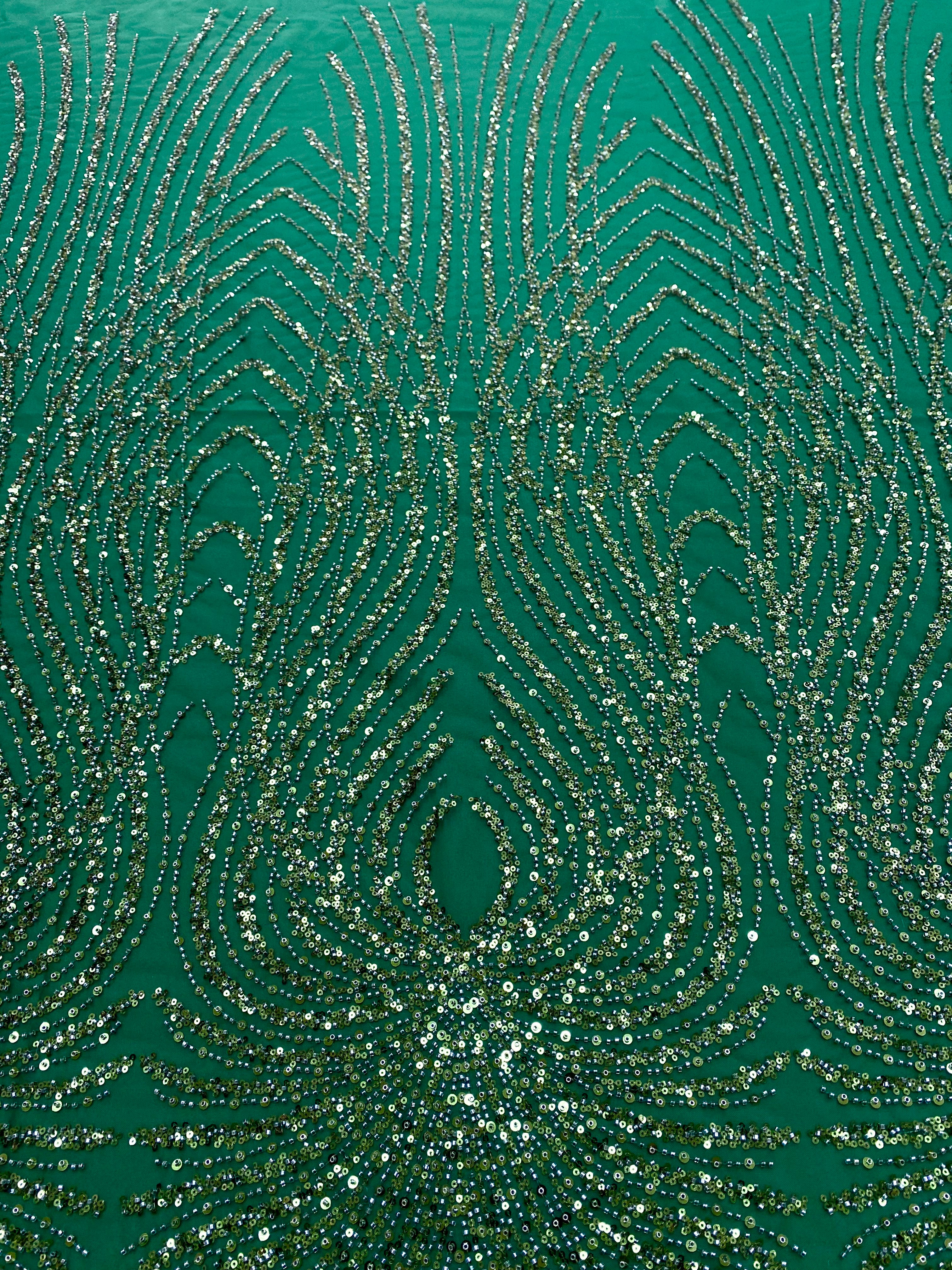 Dantela Couture Verde Smarald cu Panou, cu Margele si Paiete