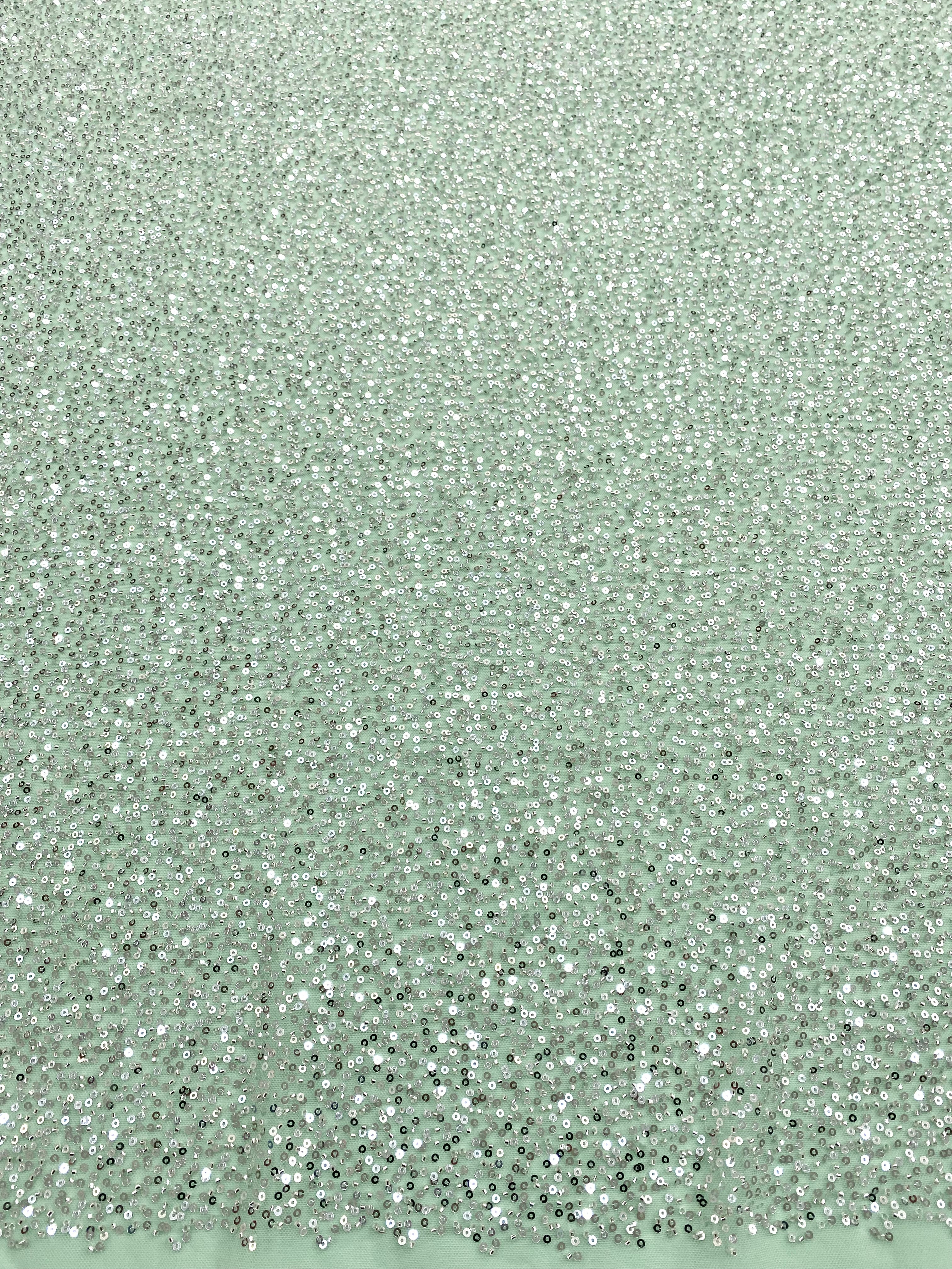 Cupon 1.20 m Dantela Couture Argintie pe Tulle Verde Menta cu Model General, cu Margele si Paiete