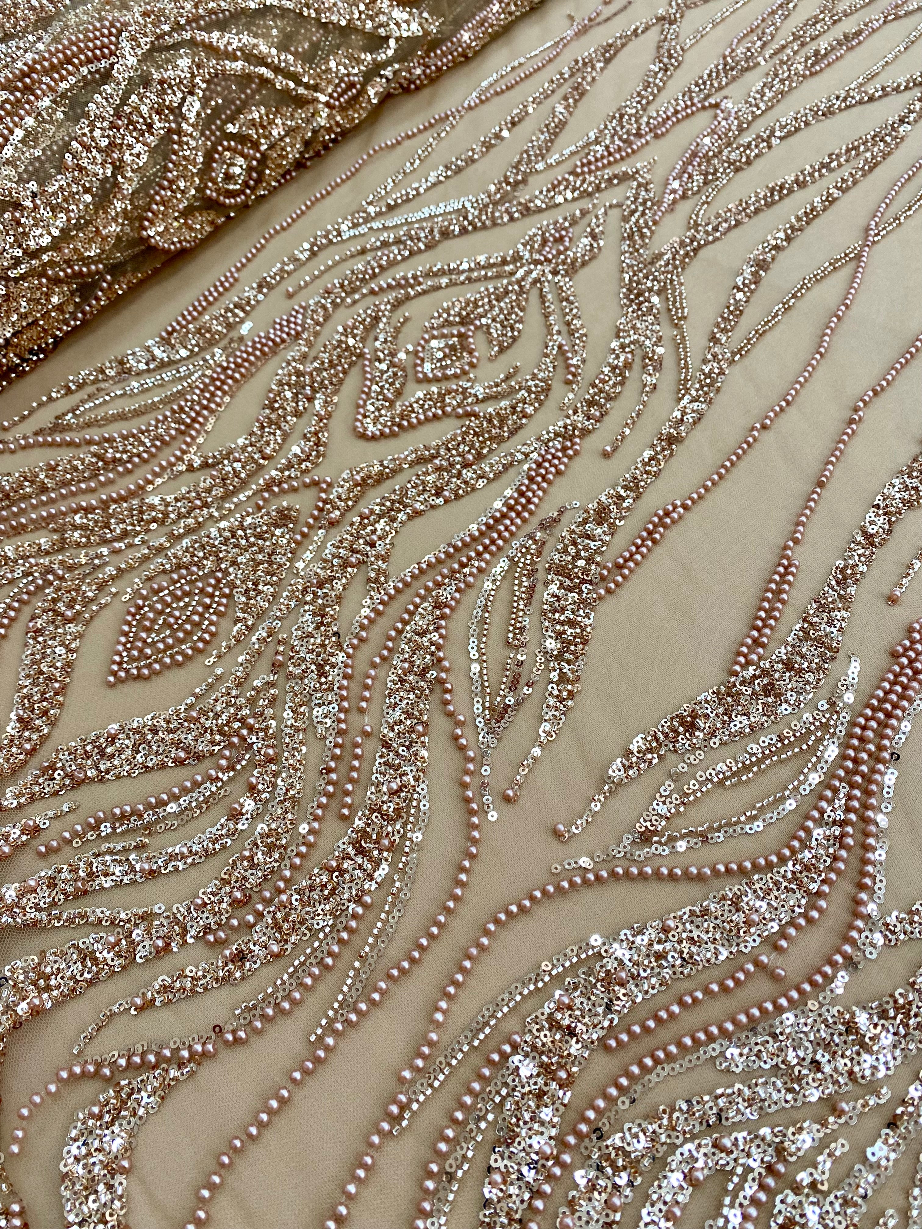 Rose Gold Couture Lace with Geometric Pattern, with Pearls, Beads and Sequins 