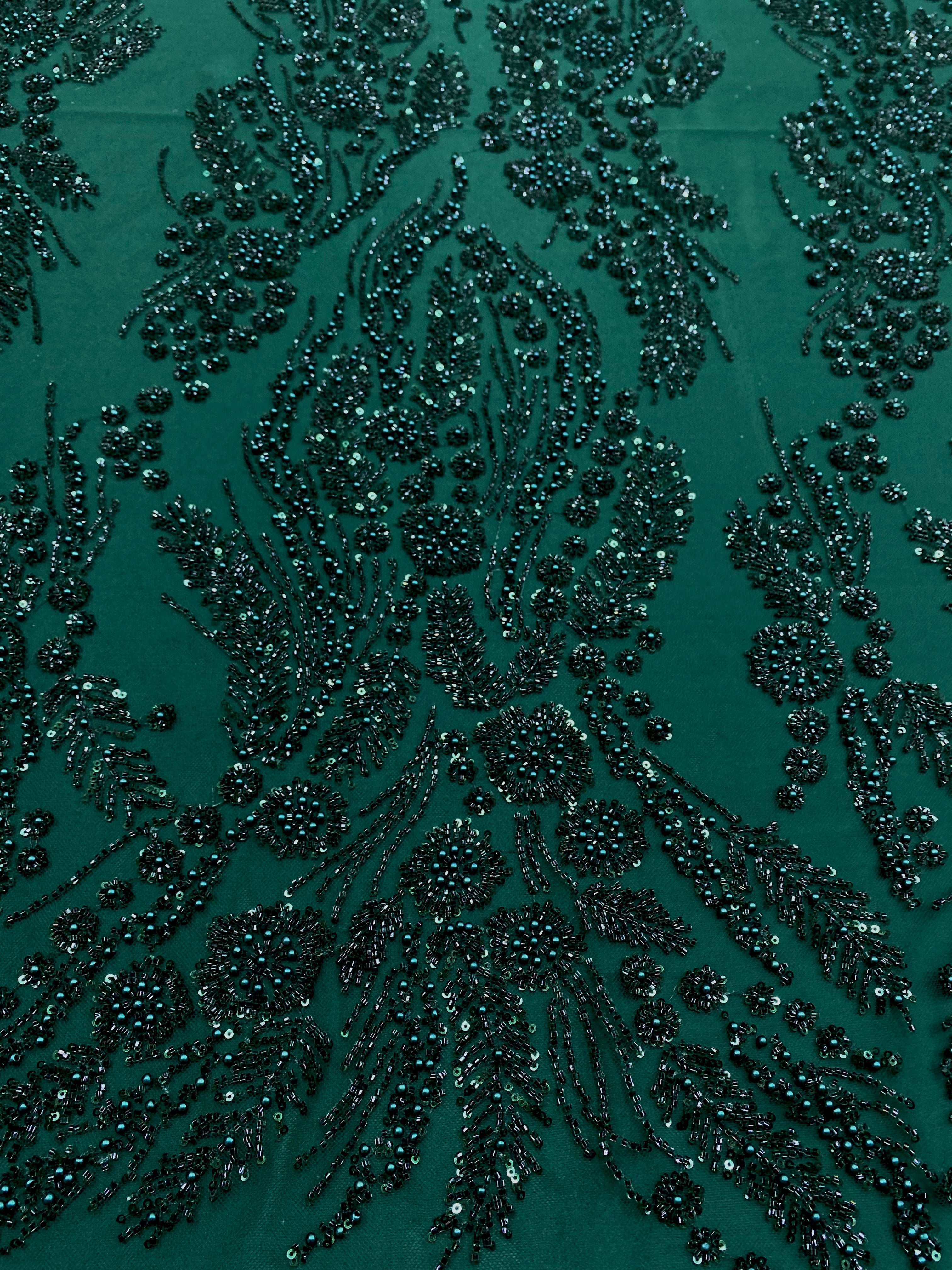 Red Couture Lace with Floral Pattern, Pearls, Beads and Sequins