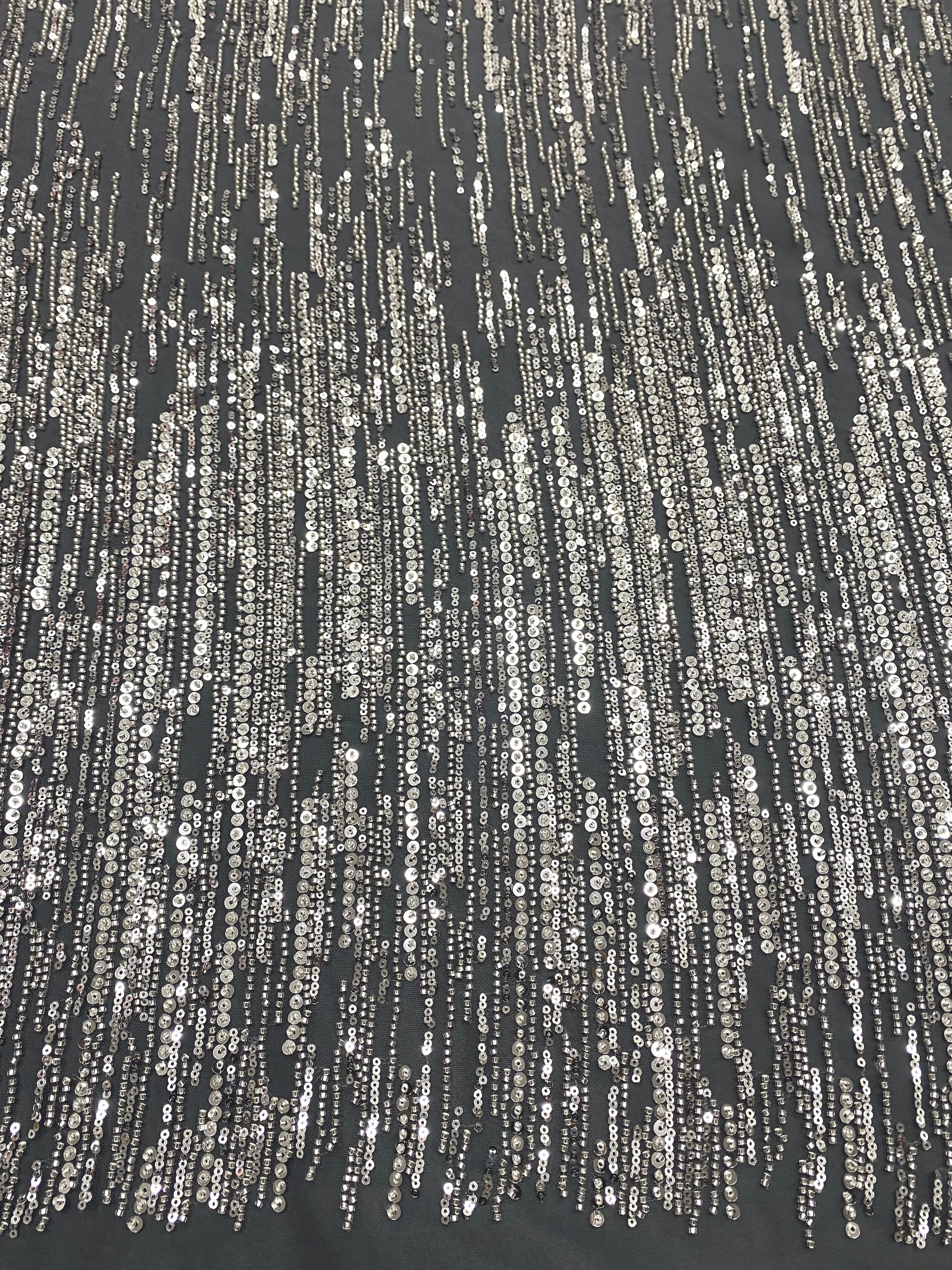 Silver Couture Lace on Anthracite Grey Tulle with Linear Pattern, Beads and Sequins