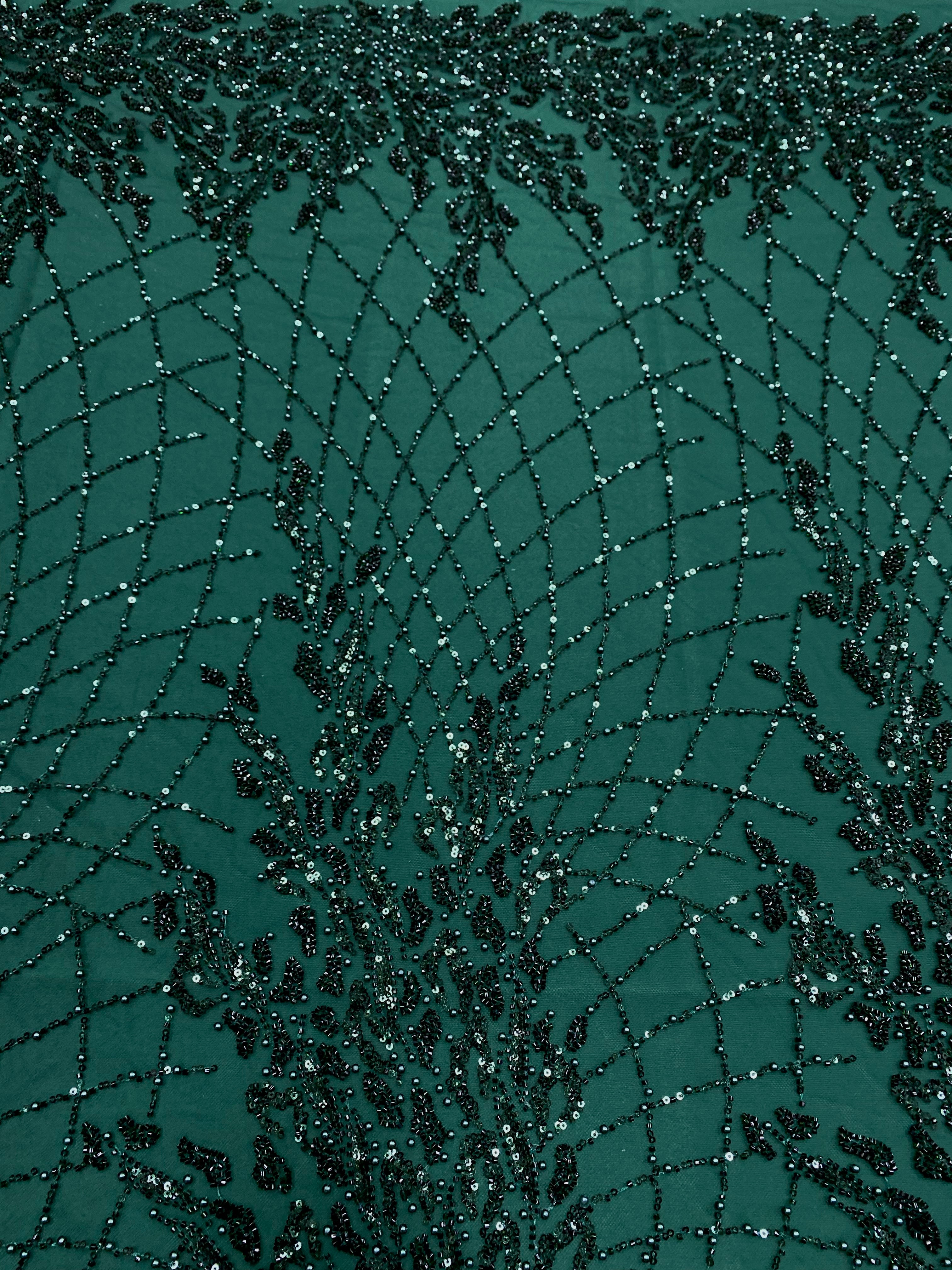 Dantela Couture Verde Inchis cu Frunze, cu Perle, Margele si Paiete