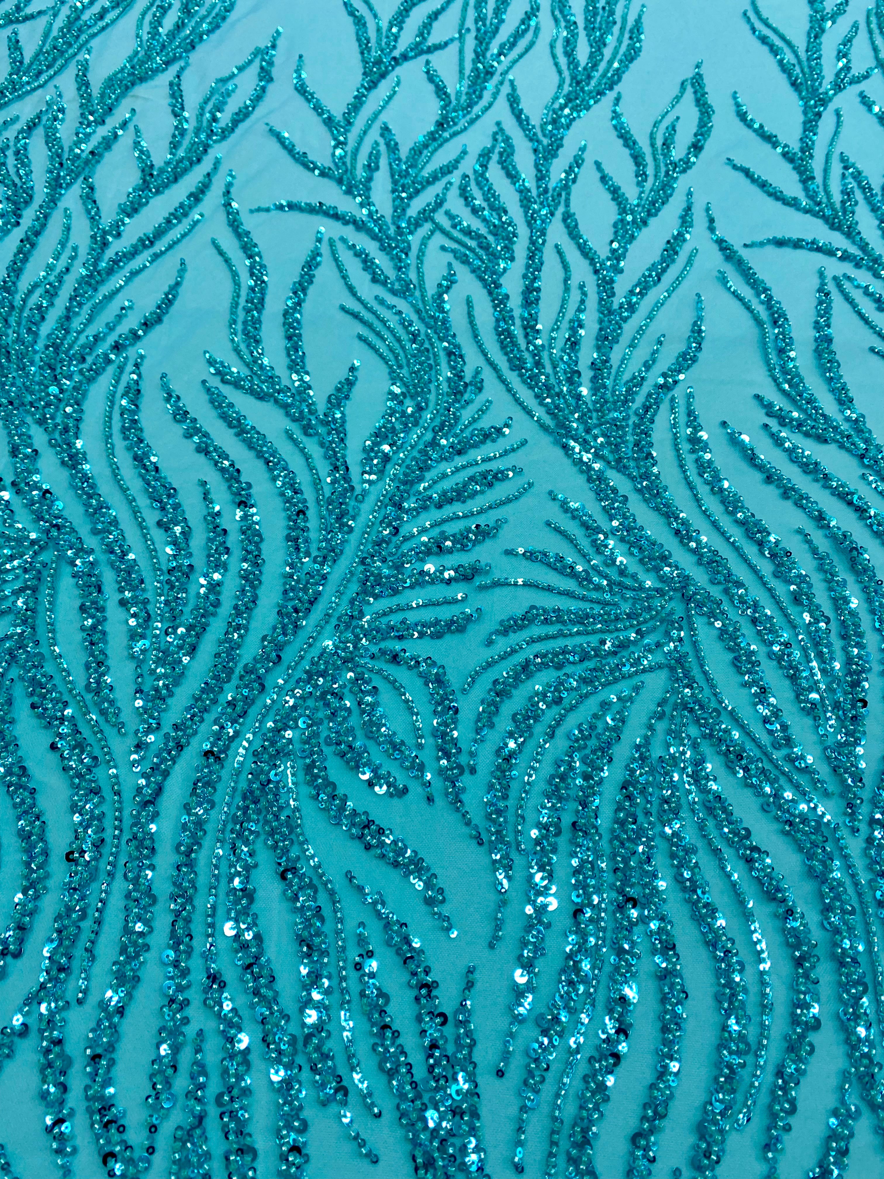 Turquoise Lace with Linear Pattern, with Beads and Sequins