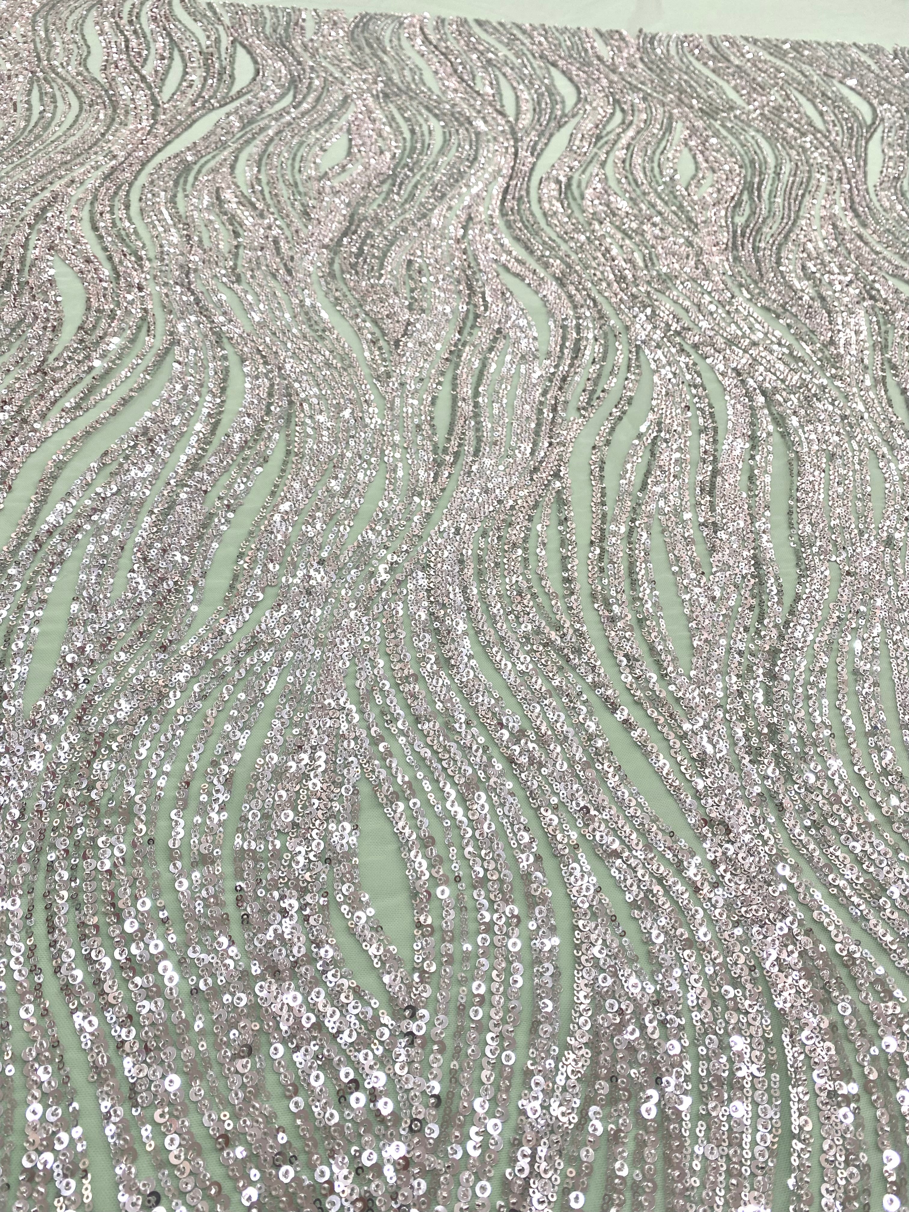 Silver Couture Lace on Mint Green Tulle with Linear Pattern, Beads and Sequins