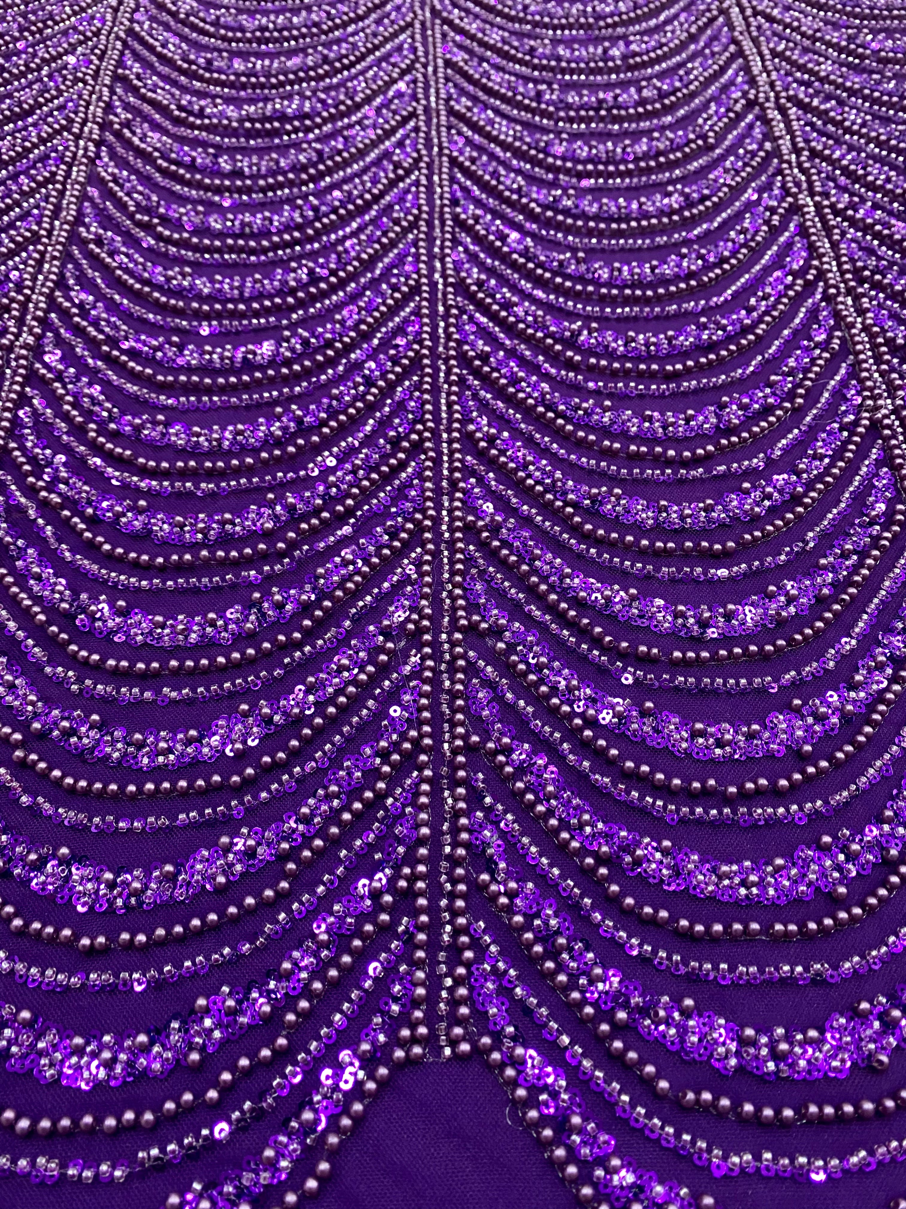 Dantela Couture Mov Inchis cu Model Geometric, cu Perle, Margele si Paiete