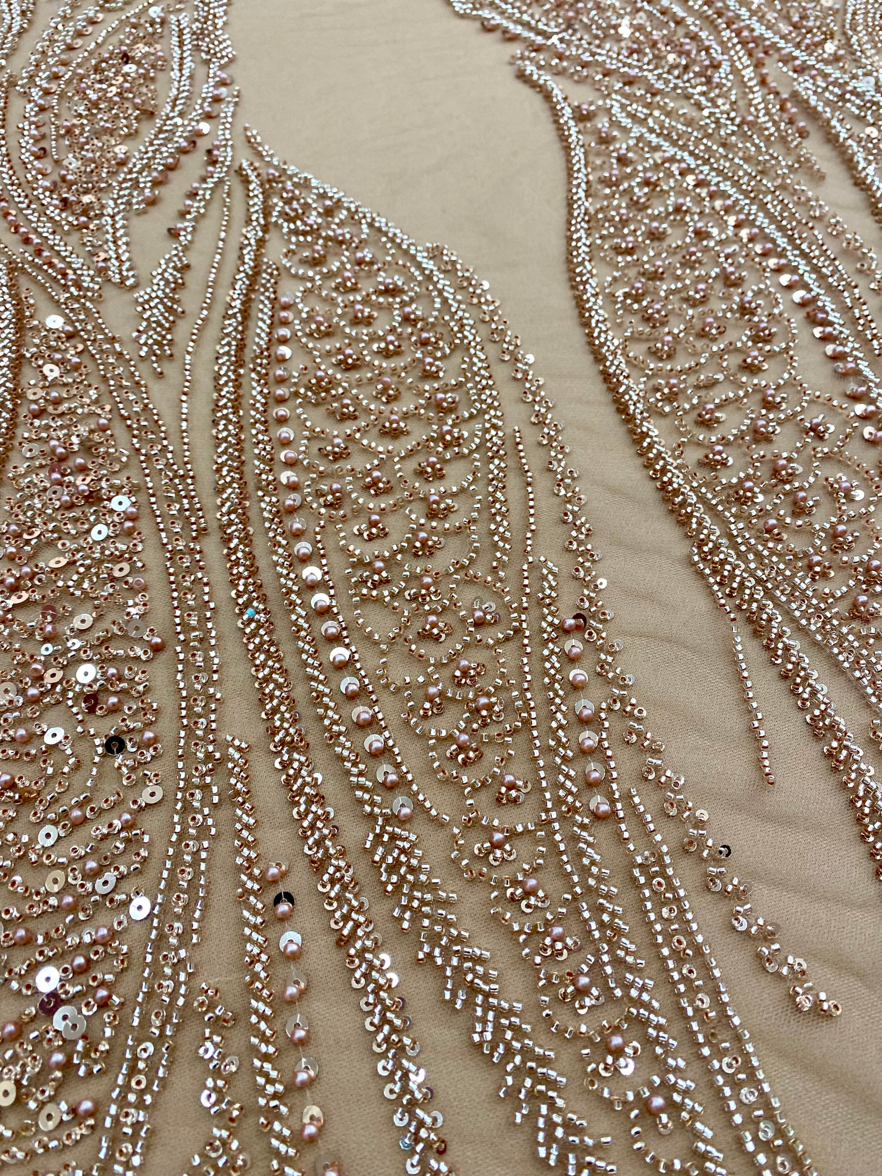 Rose Gold Couture Lace with Panel, Pearls, Beads and Sequins