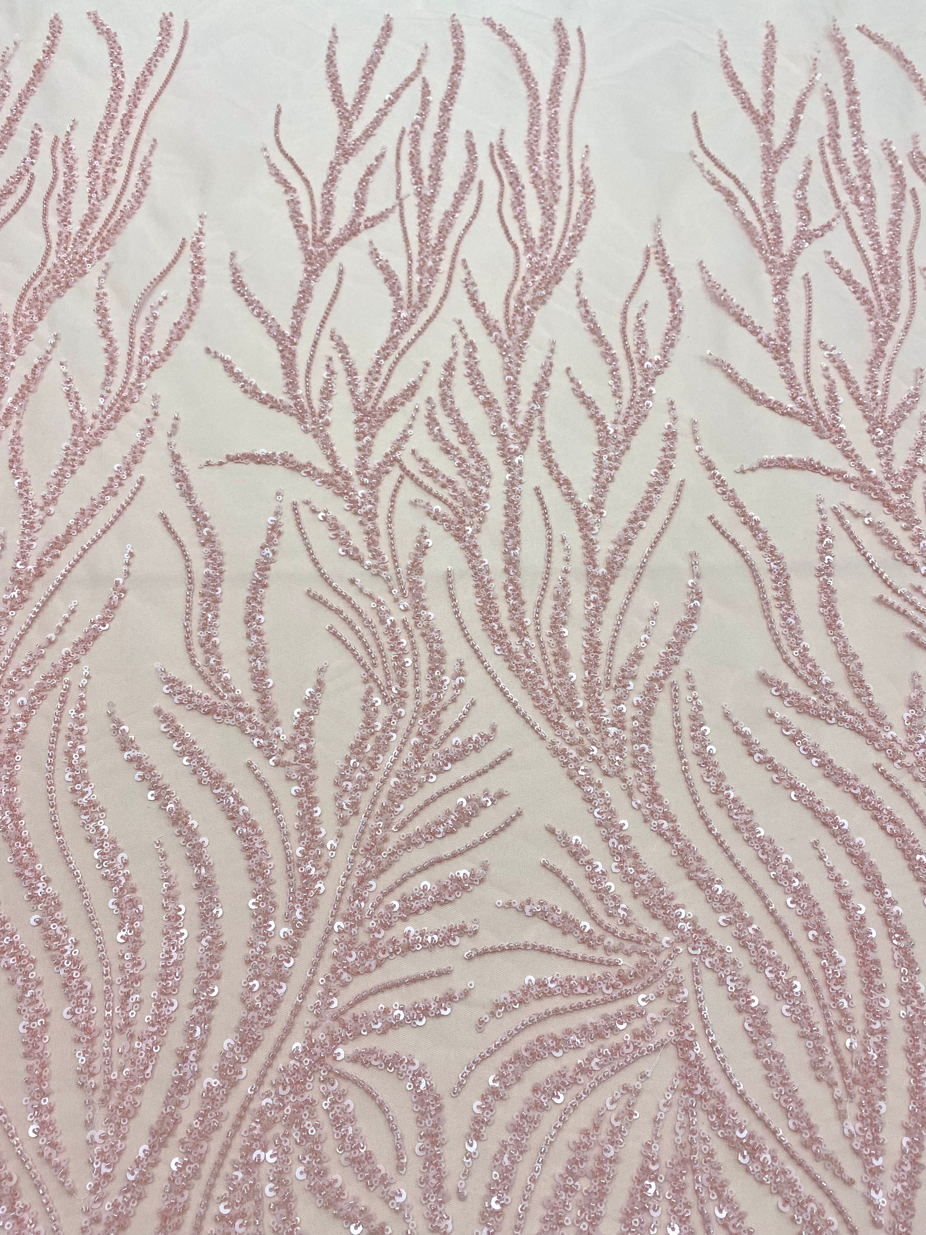 Salmon Pink Couture Lace with Strings, Beads and Sequins