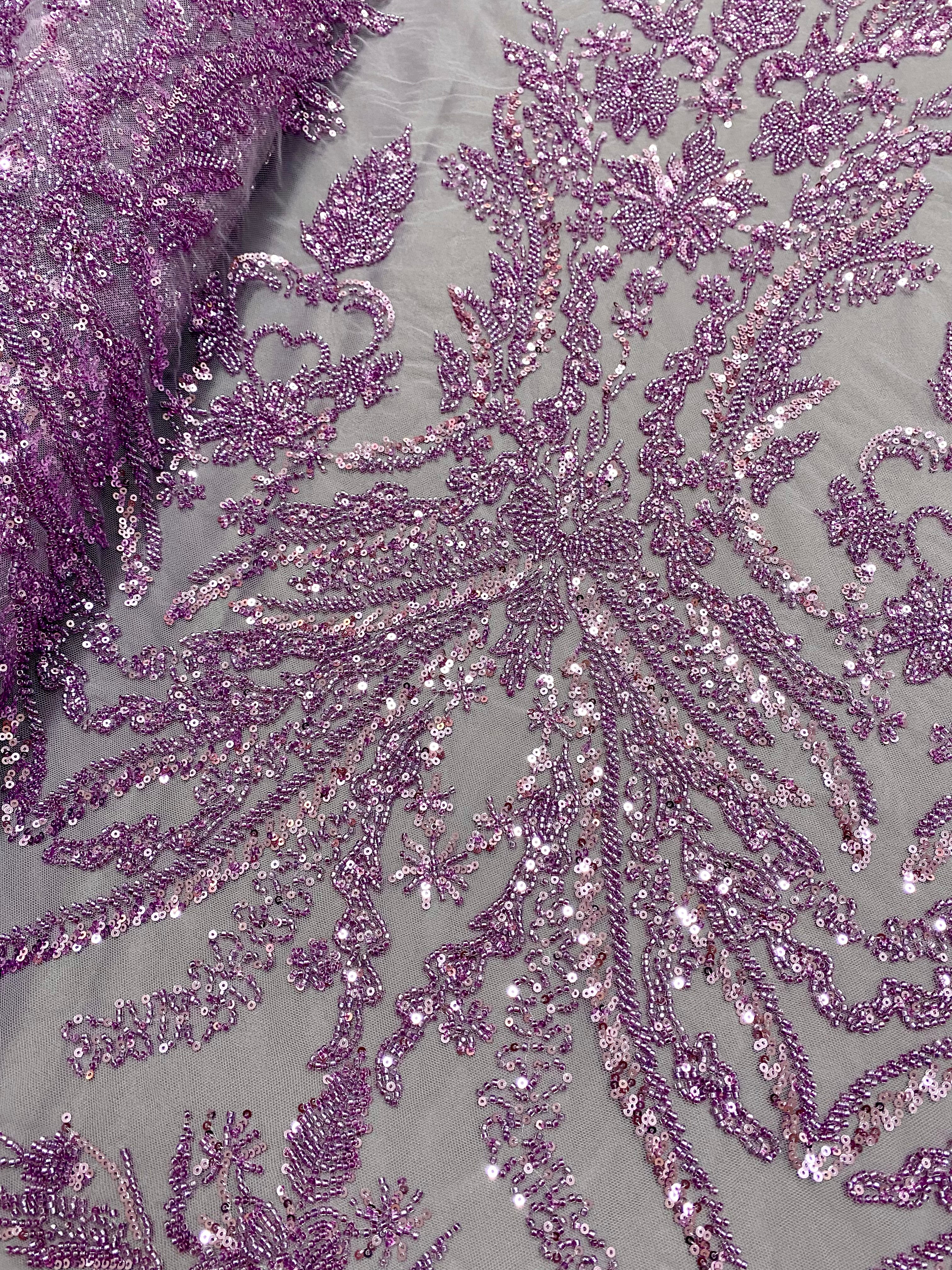 Dantela Couture Lavanda Pudrata cu Model Floral, cu Margele si Paiete
