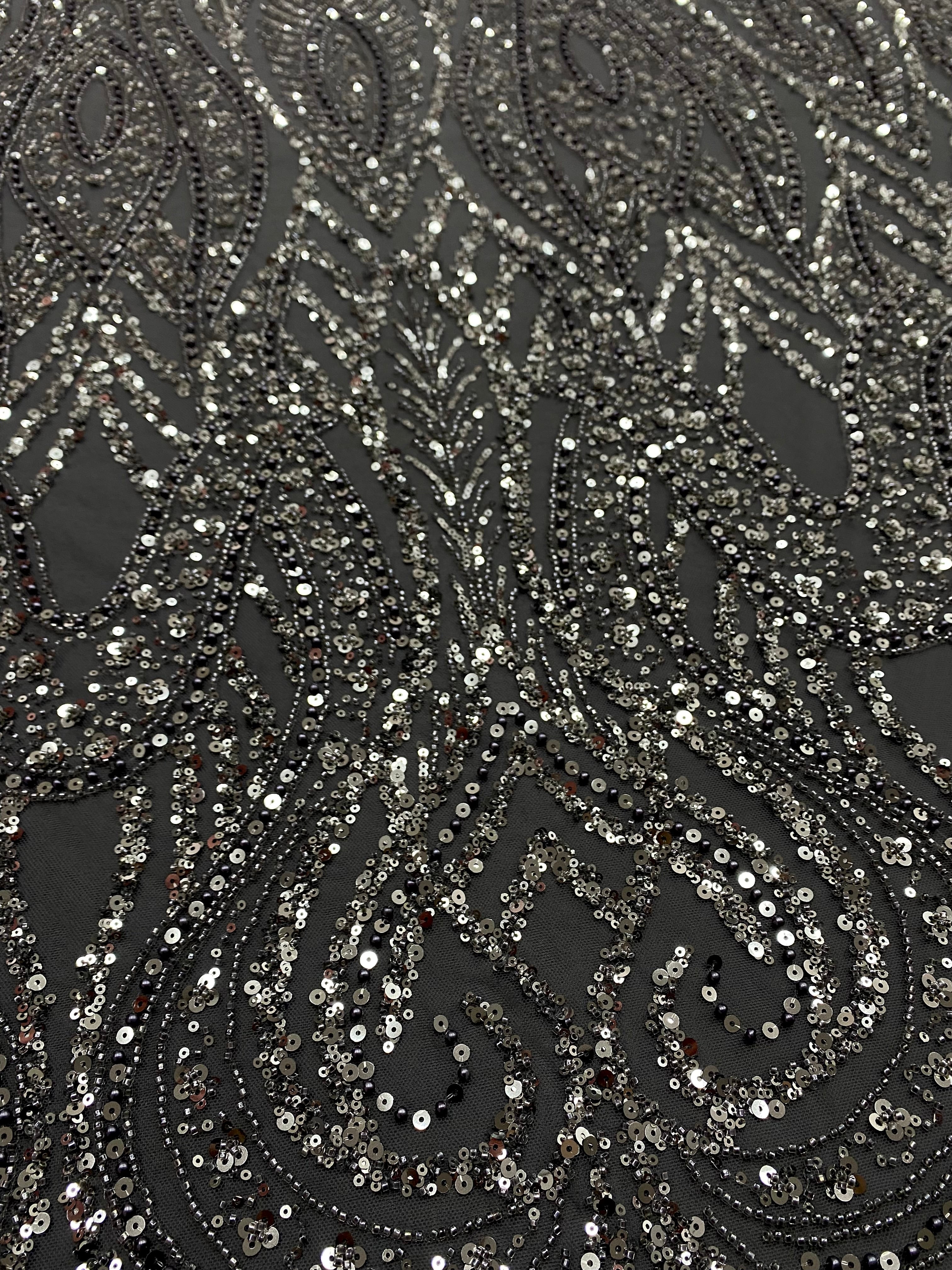 Dantela Couture Gri Antracit cu Model Geometric, cu Perle, Margele si Paiete