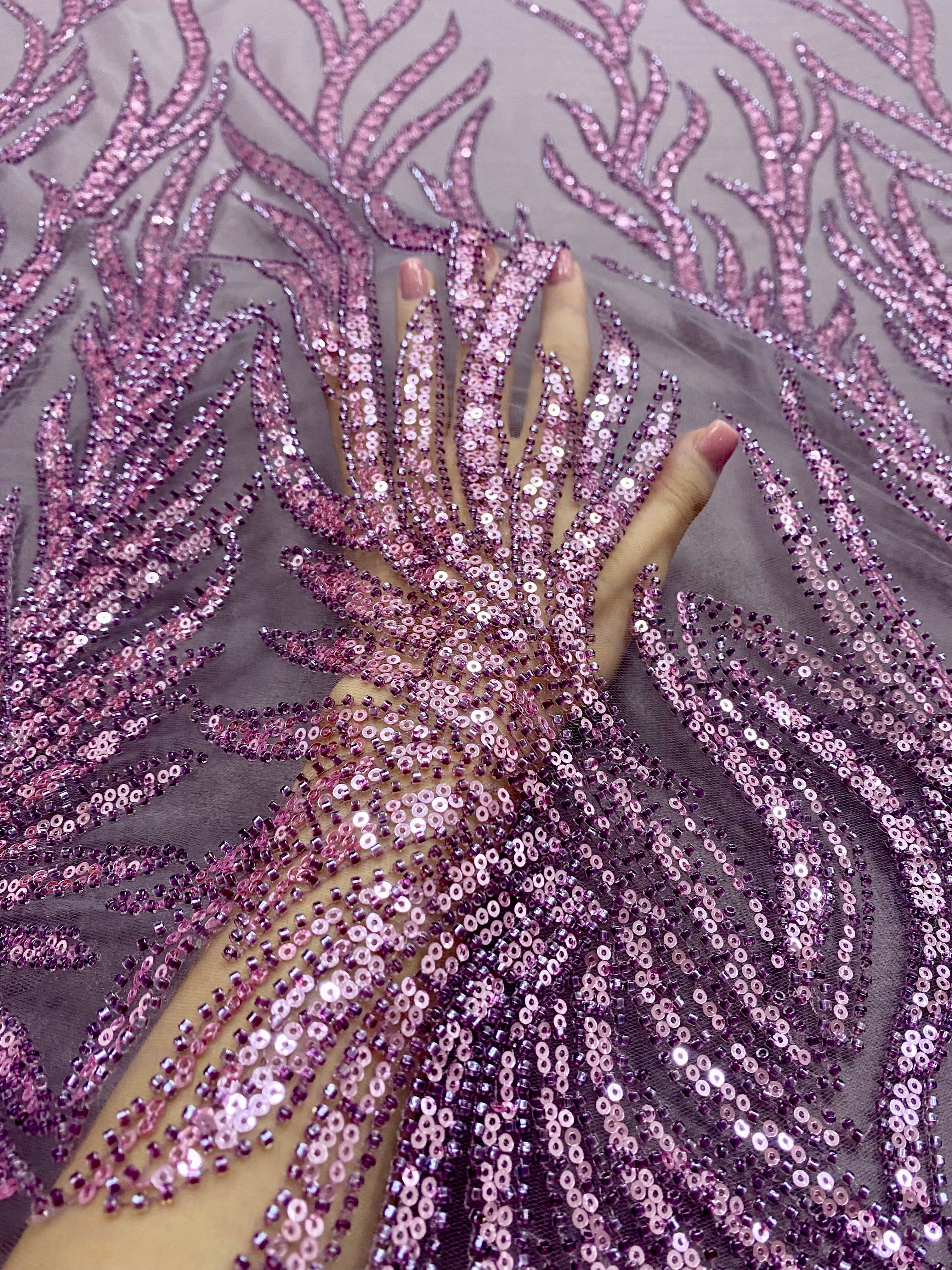 Dantela Couture Lavanda Pudrata cu Siraguri, cu Margele si Paiete