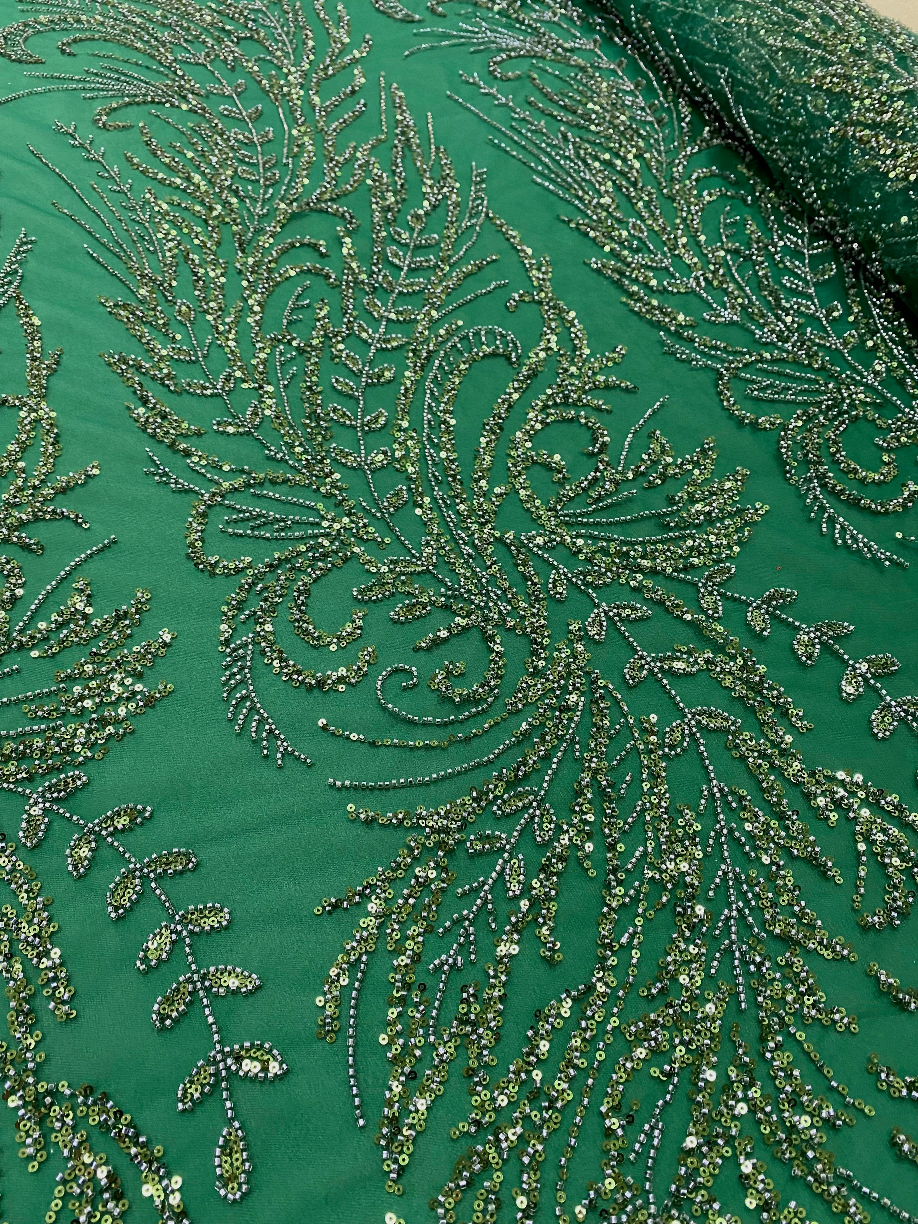 Emerald Green Couture Lace with Floral Pattern, Beads and Sequins