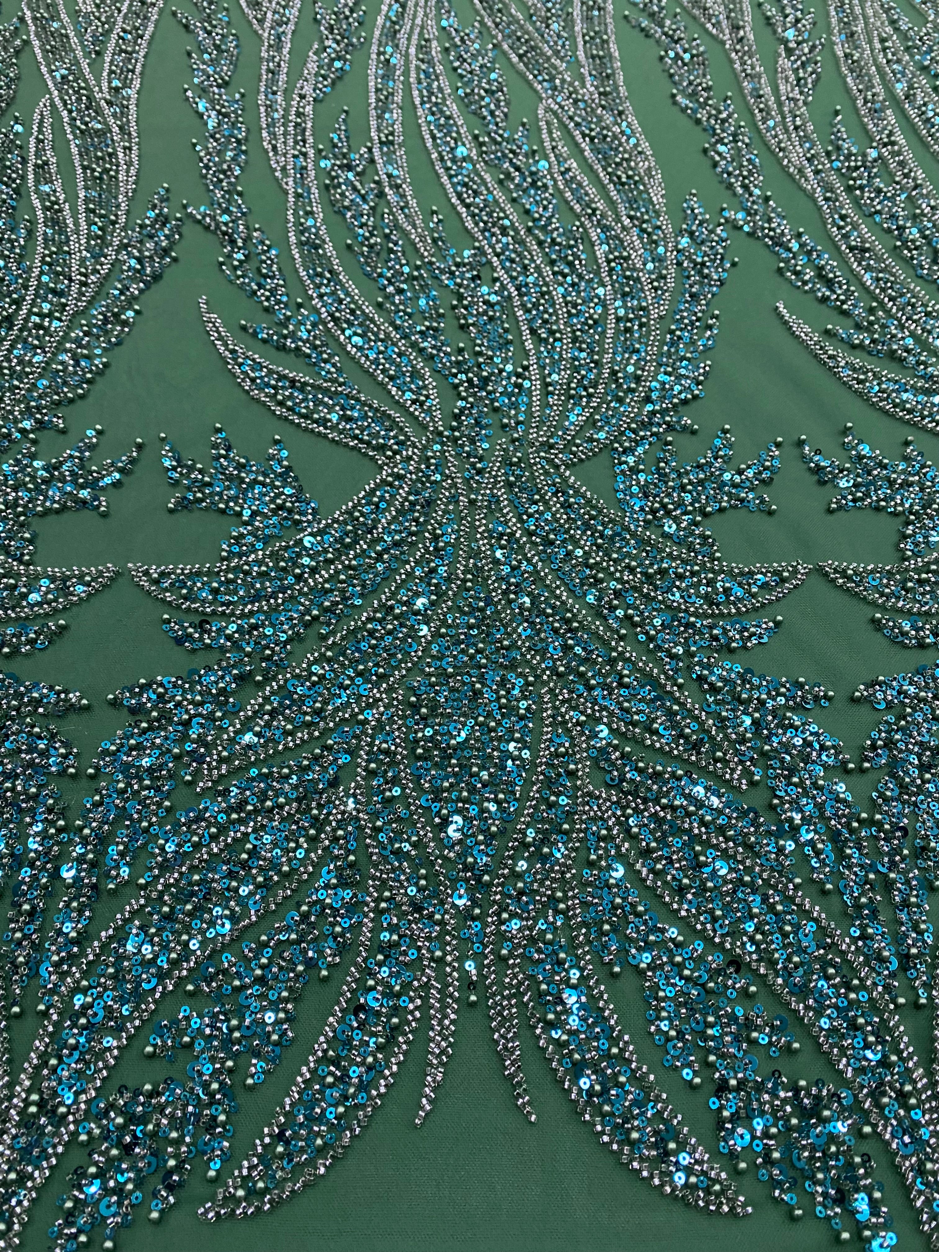 Emerald Green Couture Lace with Panel, with Pearls, Beads and Sequins