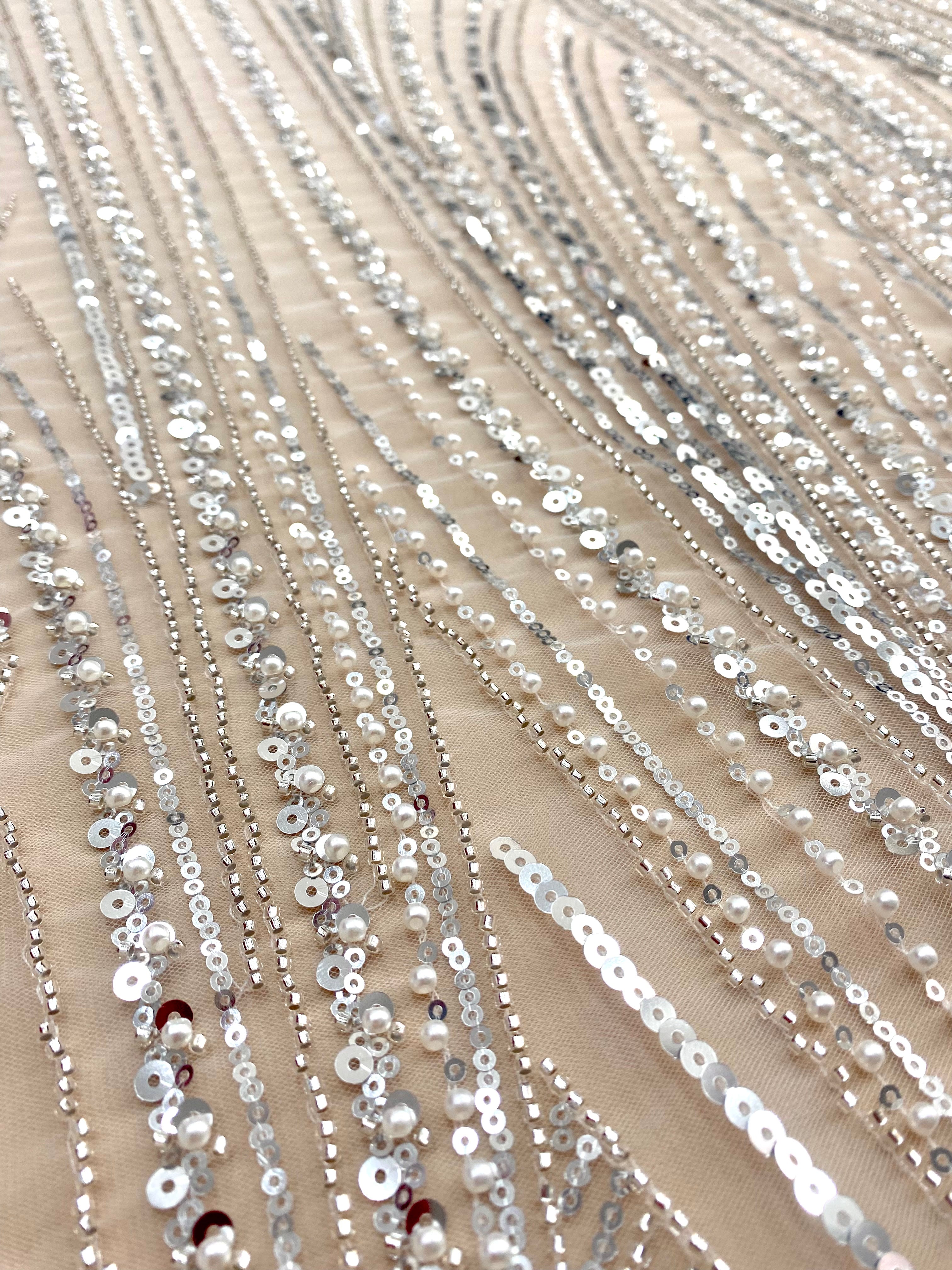 Silver Lace with Geometric Pattern, with Beads and Sequins