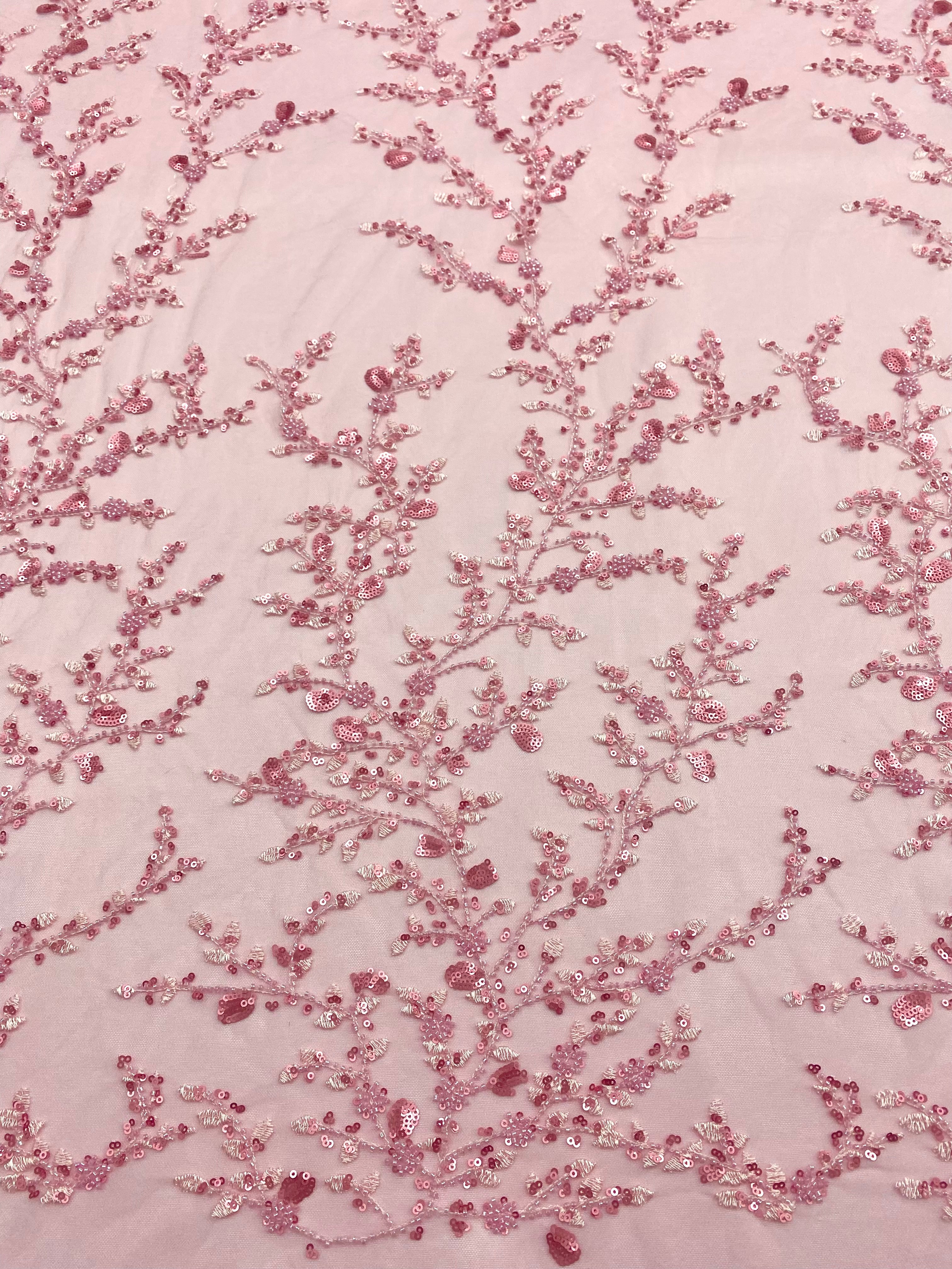 Pink Couture Lace with Floral Pattern, with Beads and Sequins