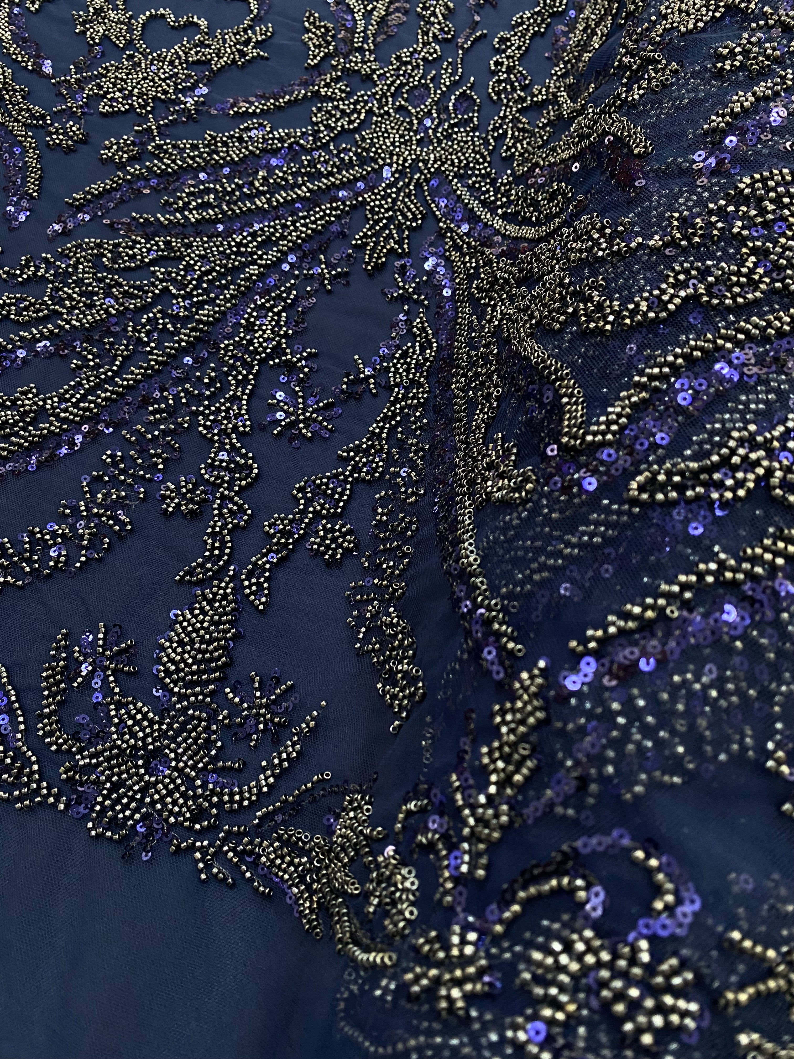 Navy Blue Couture Lace with Floral Pattern, Beads and Sequins